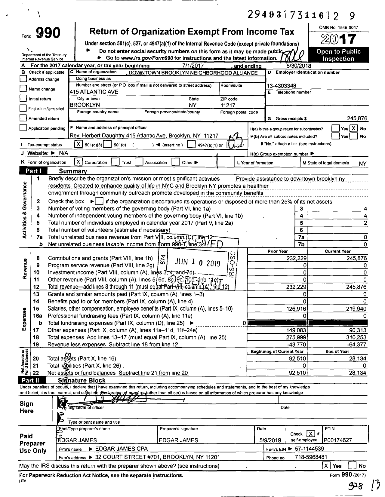 Image of first page of 2017 Form 990 for Downtown Brooklyn Neighborhood Alliance