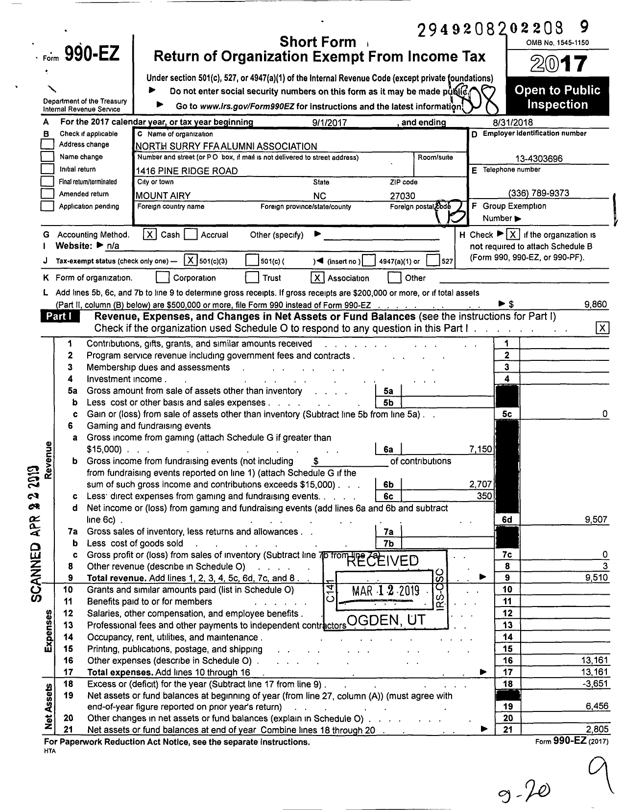 Image of first page of 2017 Form 990EZ for North Surry Ffa Alumni Association