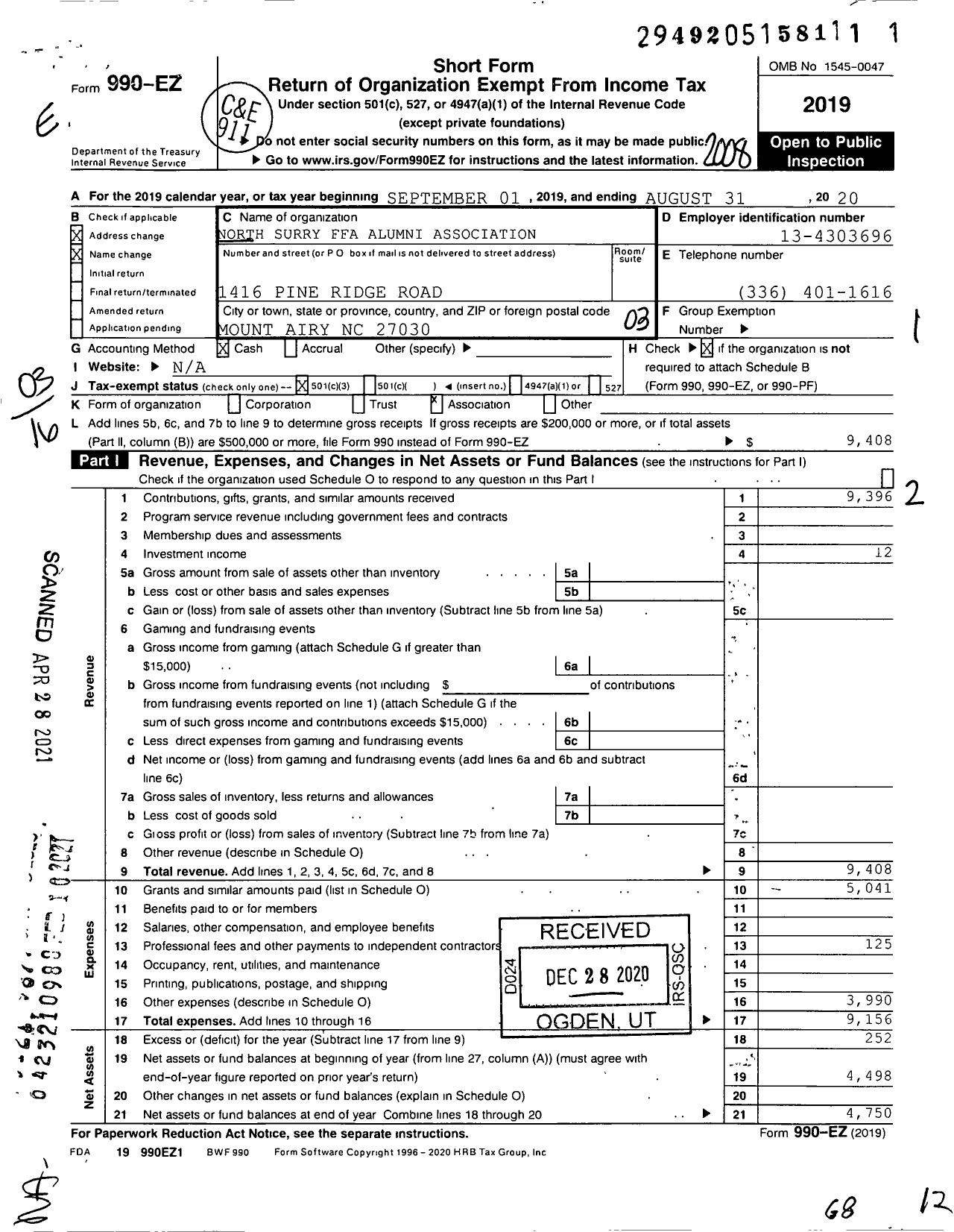 Image of first page of 2019 Form 990EZ for North Surry Ffa Alumni Association