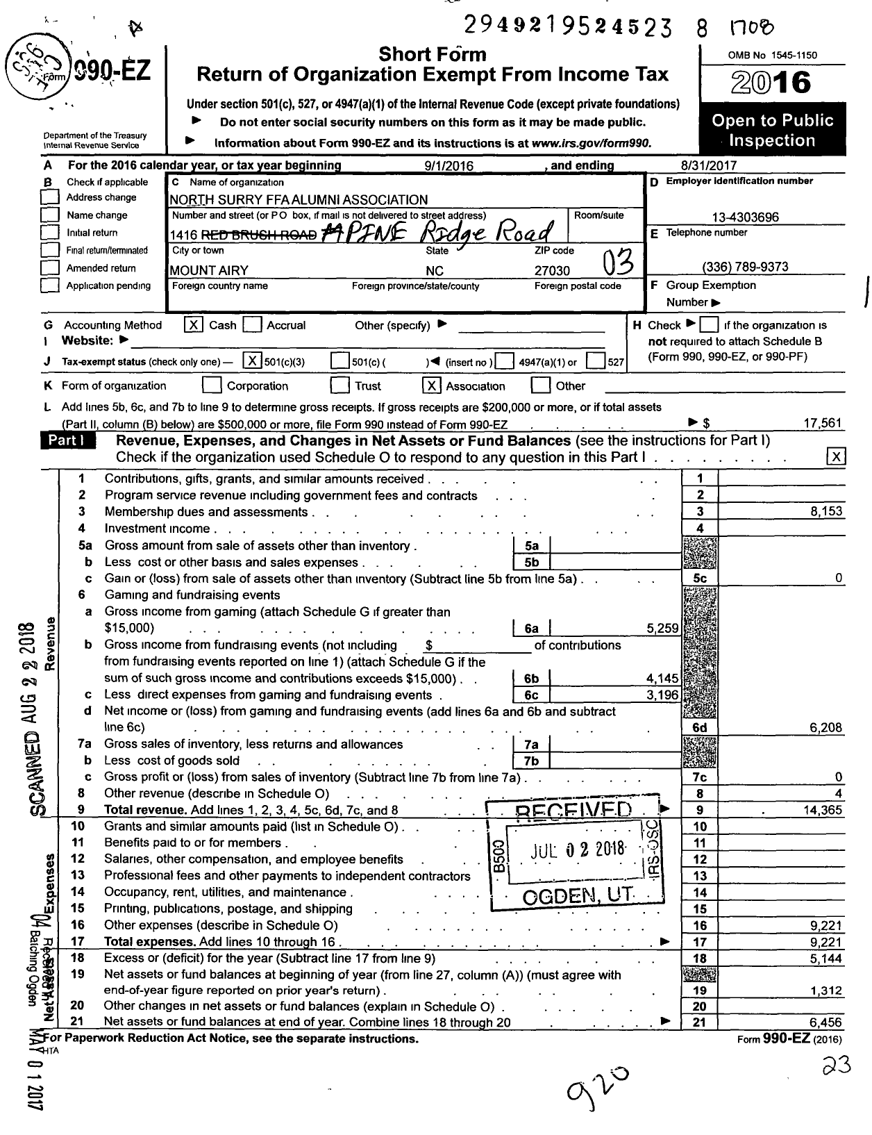 Image of first page of 2016 Form 990EZ for North Surry Ffa Alumni Association