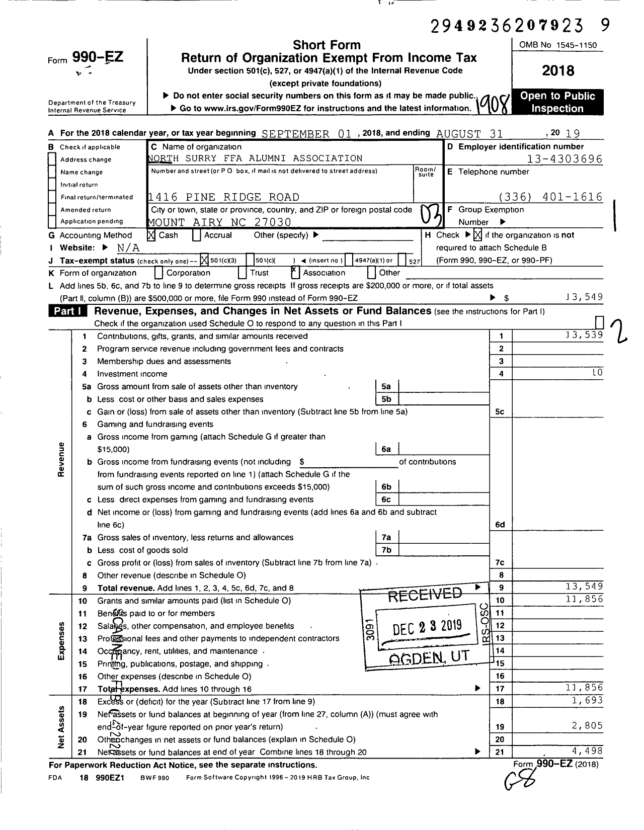 Image of first page of 2018 Form 990EZ for North Surry Ffa Alumni Association