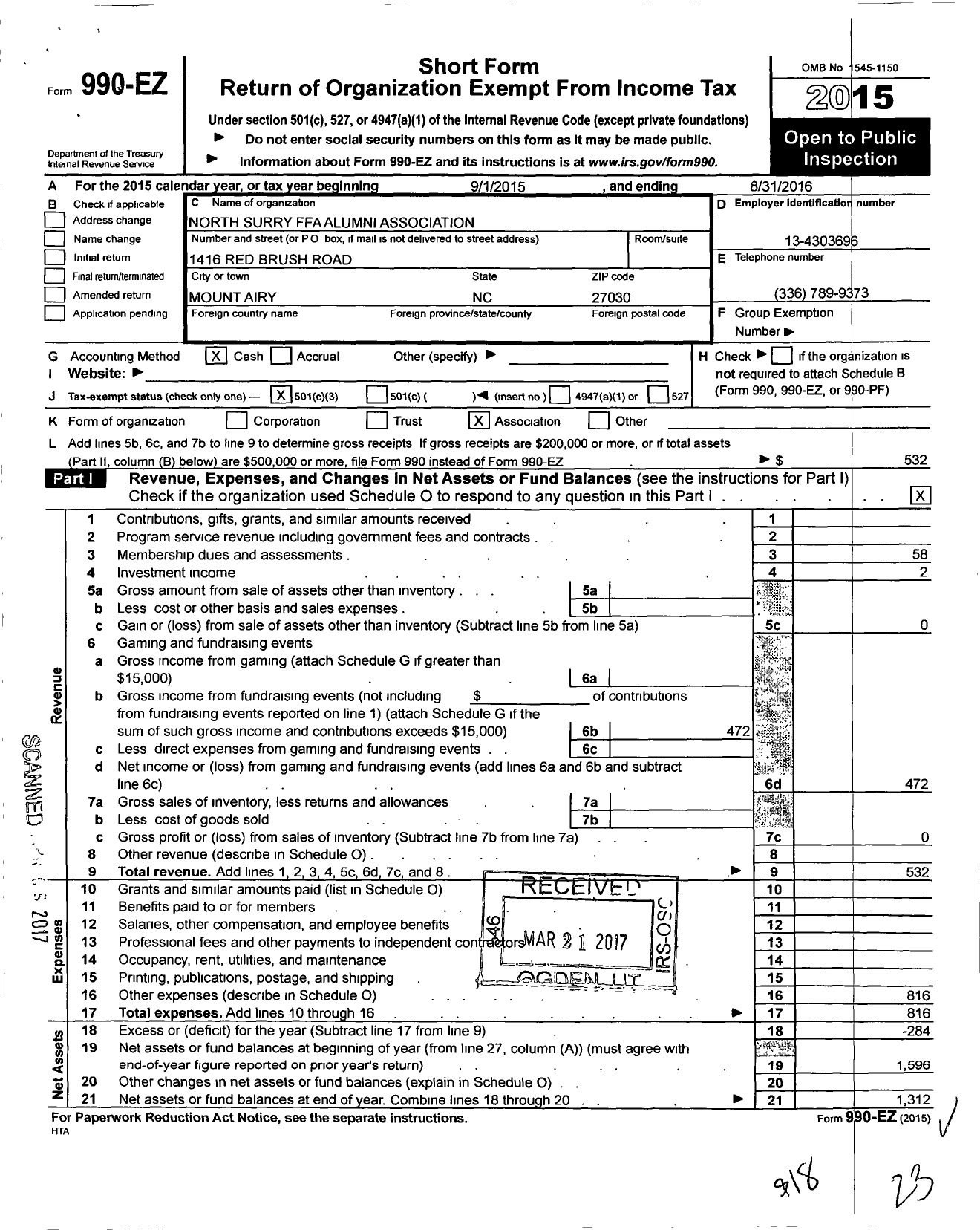 Image of first page of 2015 Form 990EZ for North Surry Ffa Alumni Association