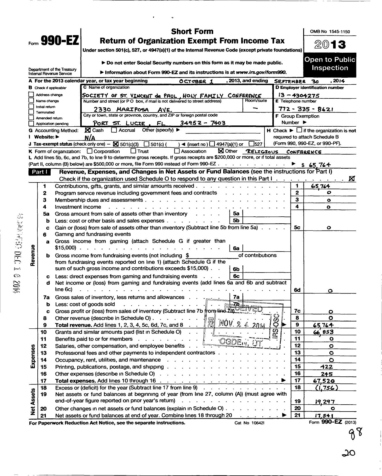 Image of first page of 2013 Form 990EZ for Society of St Vincent de Paul Holy Family Conference