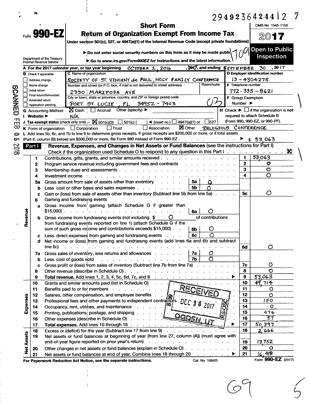 Image of first page of 2016 Form 990EZ for Society of St Vincent de Paul Holy Family Conference