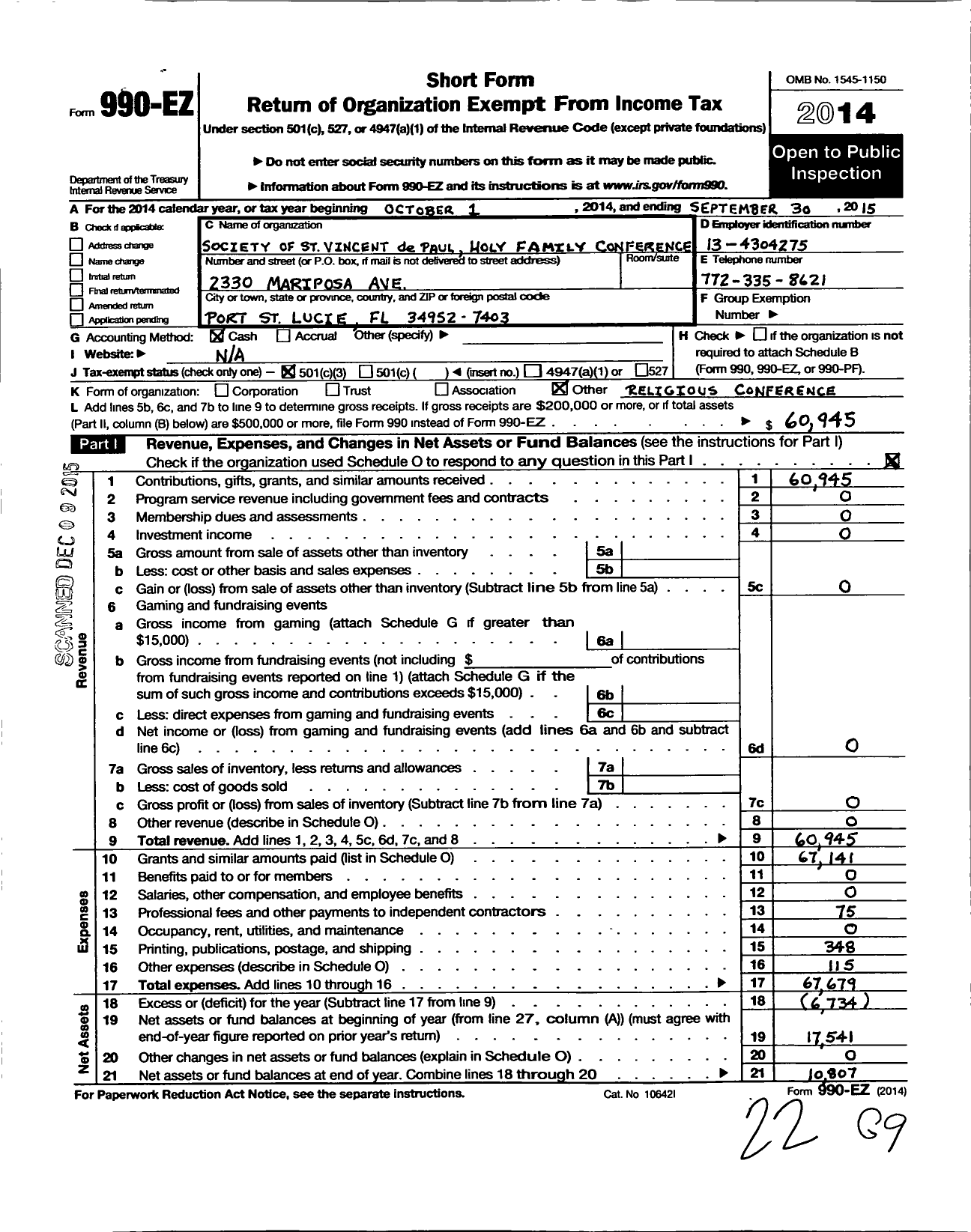 Image of first page of 2014 Form 990EZ for Society of St Vincent de Paul Holy Family Conference