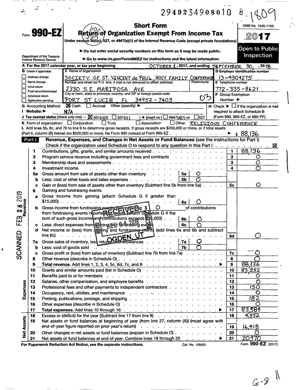 Image of first page of 2017 Form 990EZ for Society of St Vincent de Paul Holy Family Conference