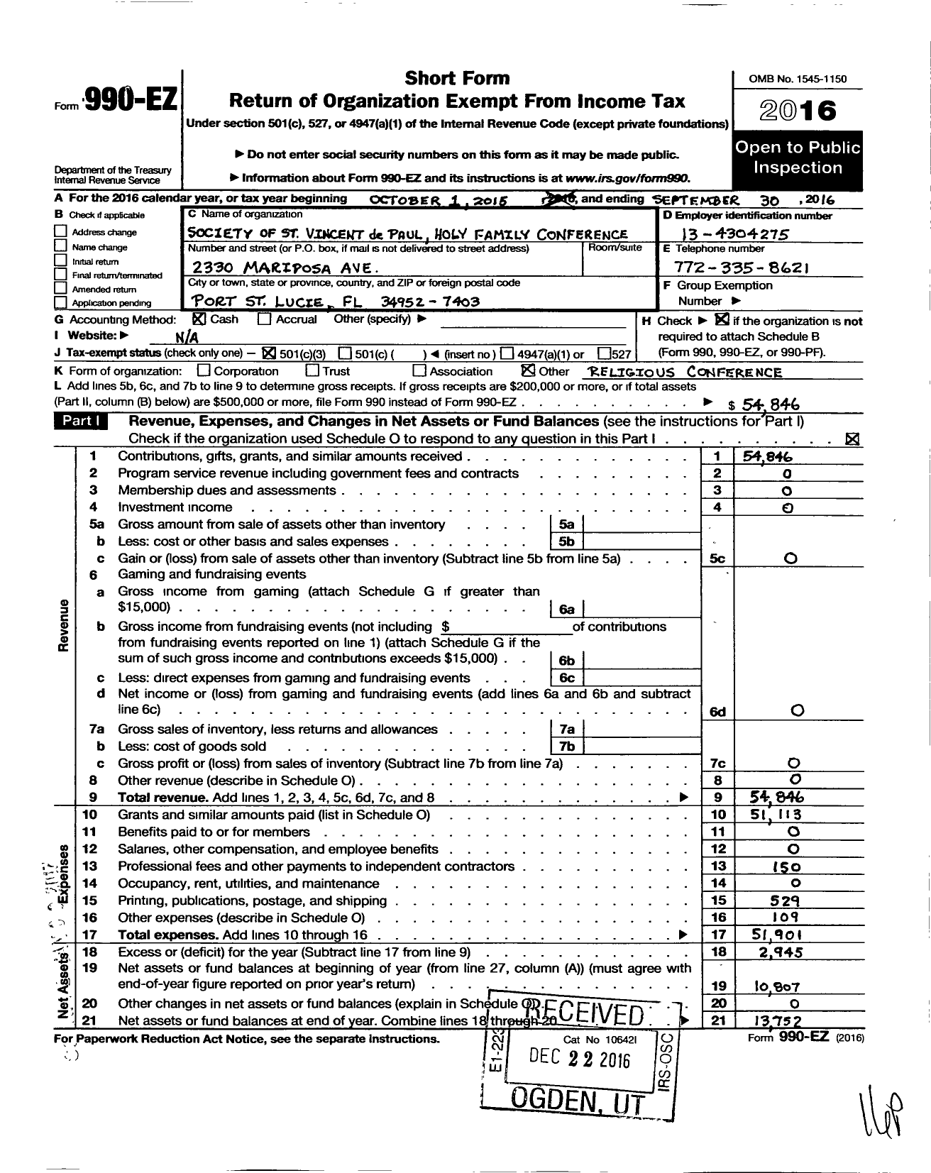 Image of first page of 2015 Form 990EZ for Society of St Vincent de Paul Holy Family Conference