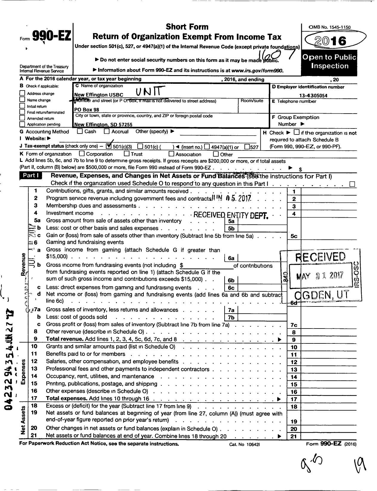 Image of first page of 2015 Form 990EZ for United States Bowling Congress