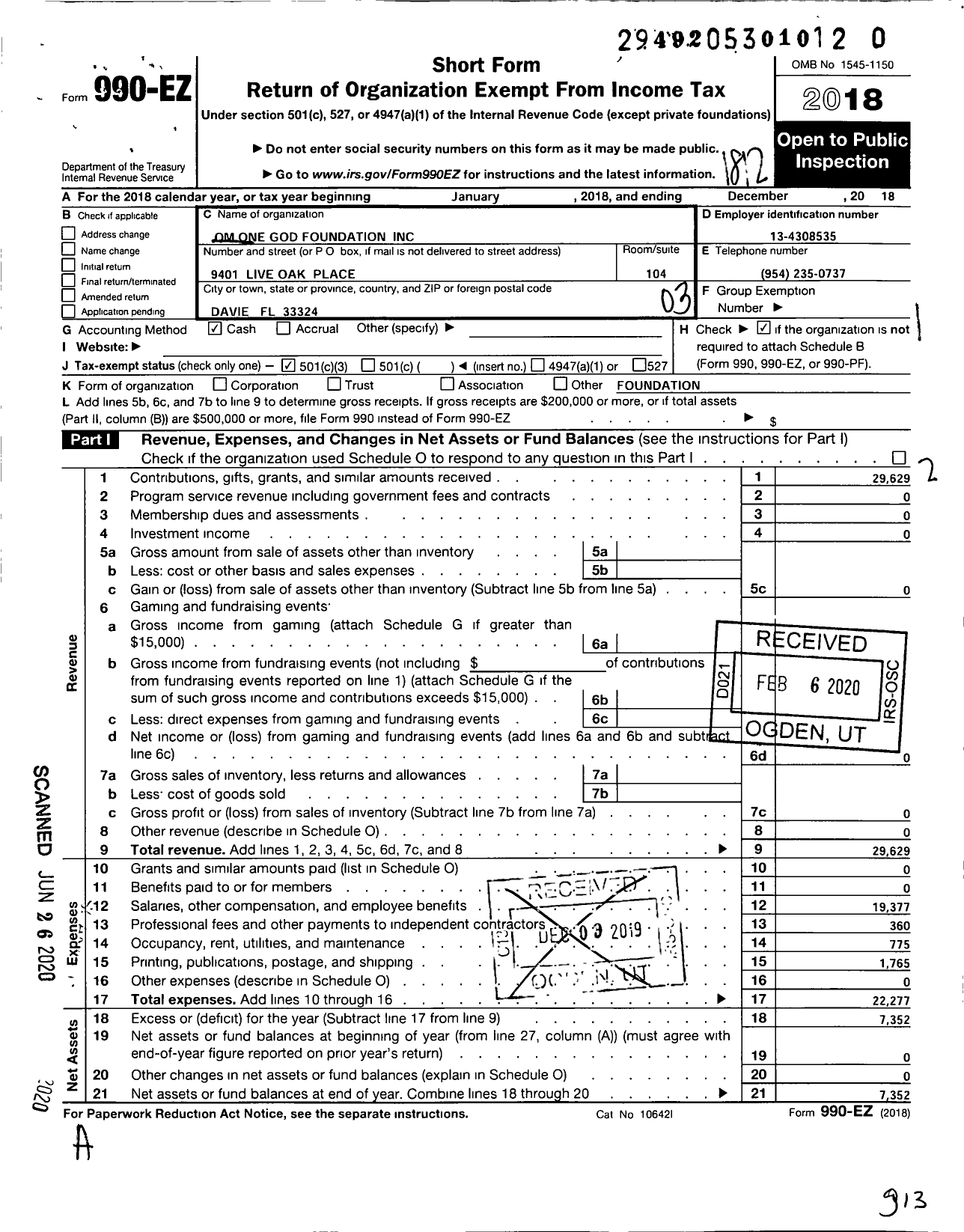 Image of first page of 2018 Form 990EZ for Om One God Foundation