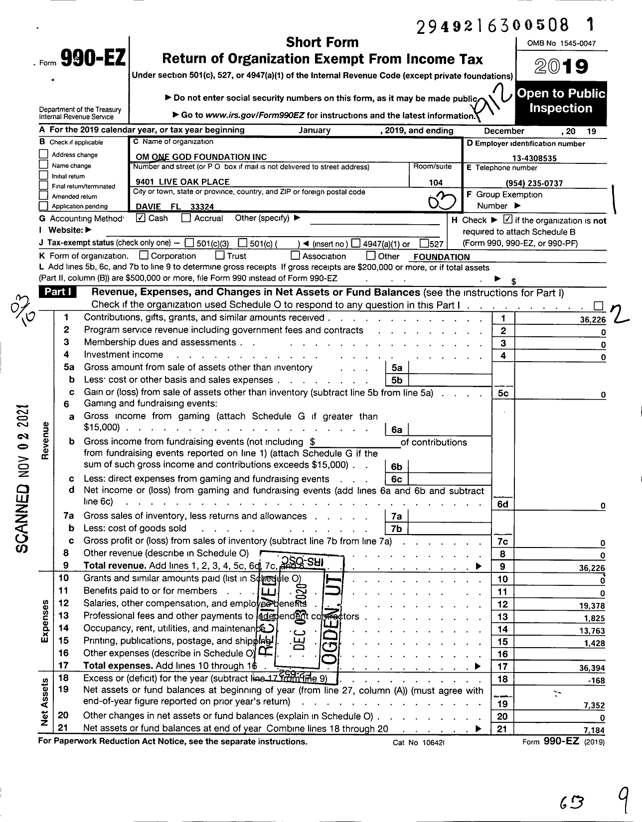 Image of first page of 2019 Form 990EZ for Om One God Foundation