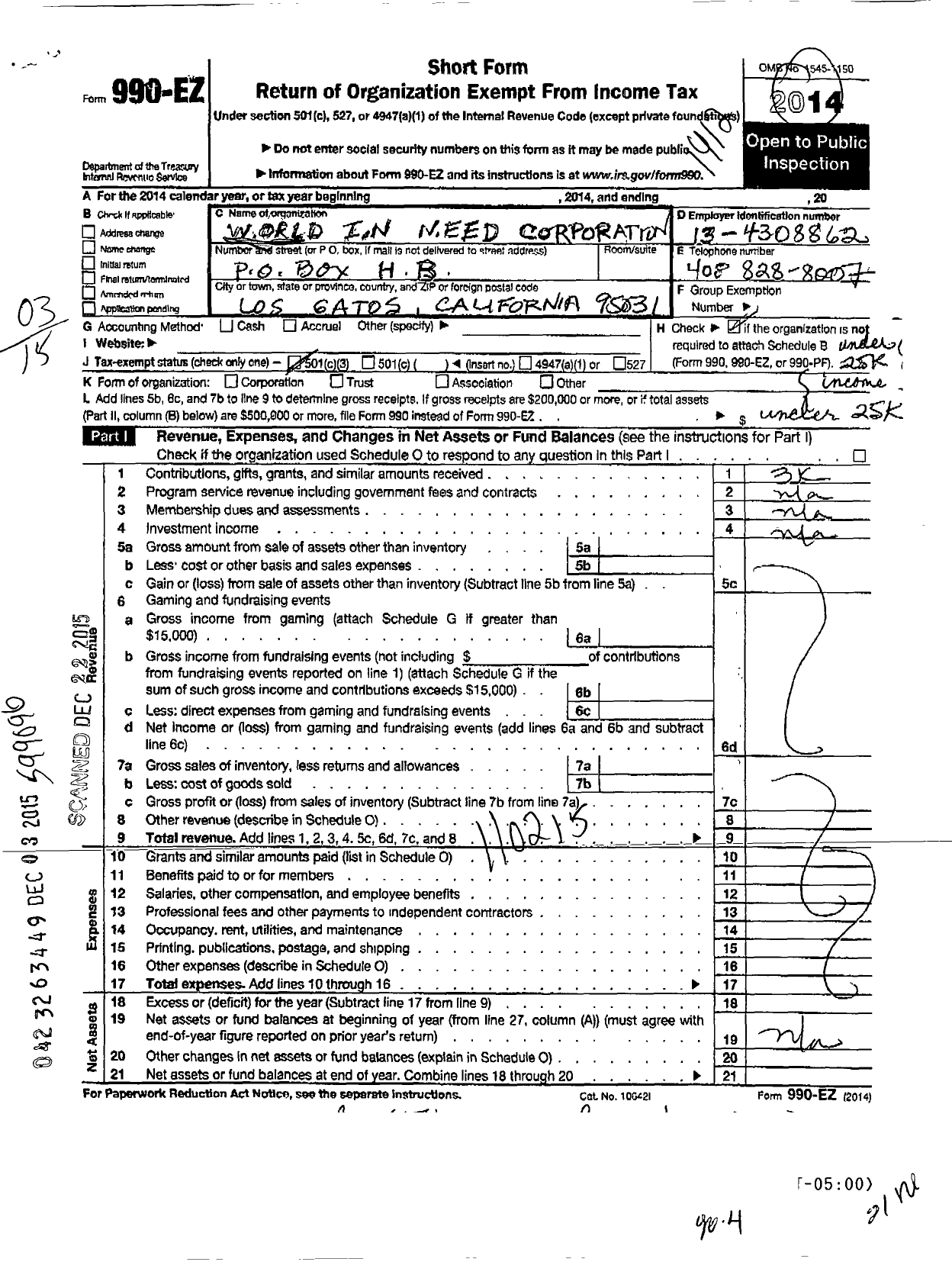 Image of first page of 2014 Form 990EZ for World in Need Corporation