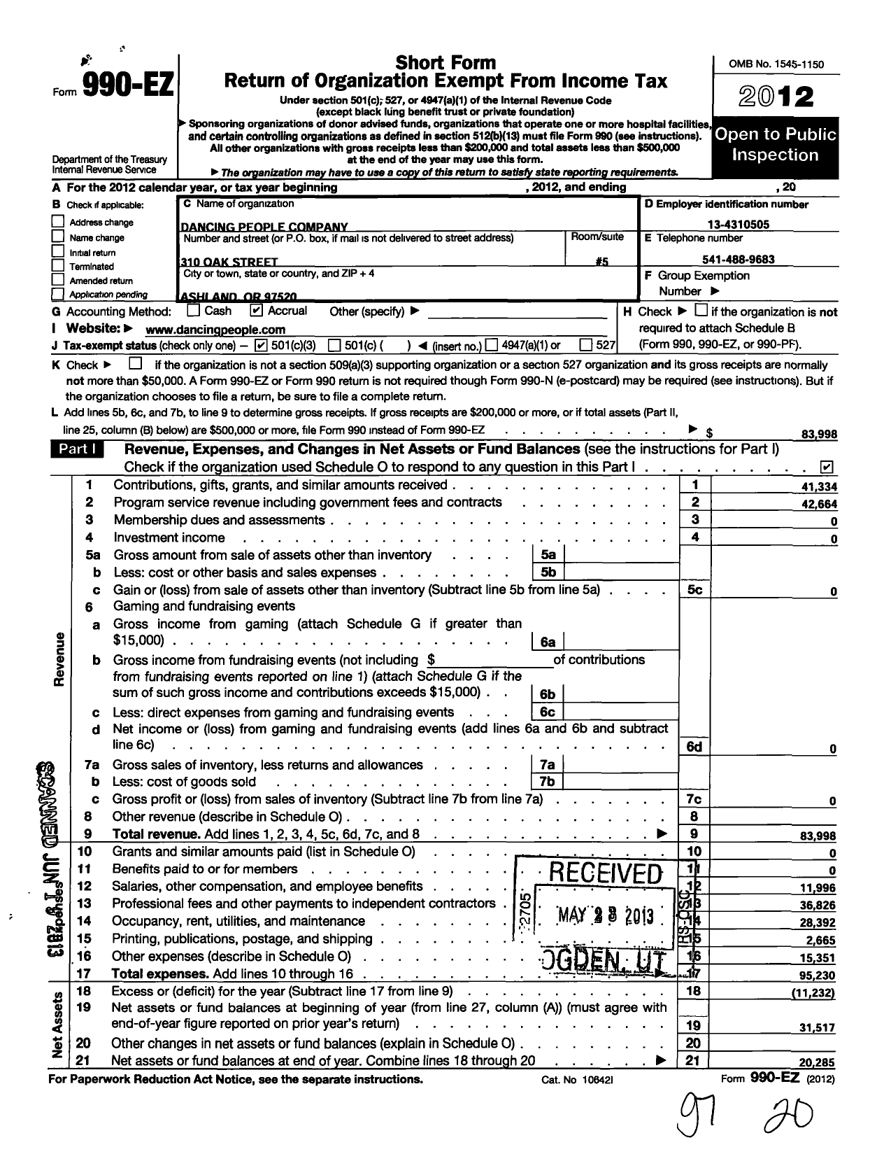 Image of first page of 2012 Form 990EZ for Dancing People Company