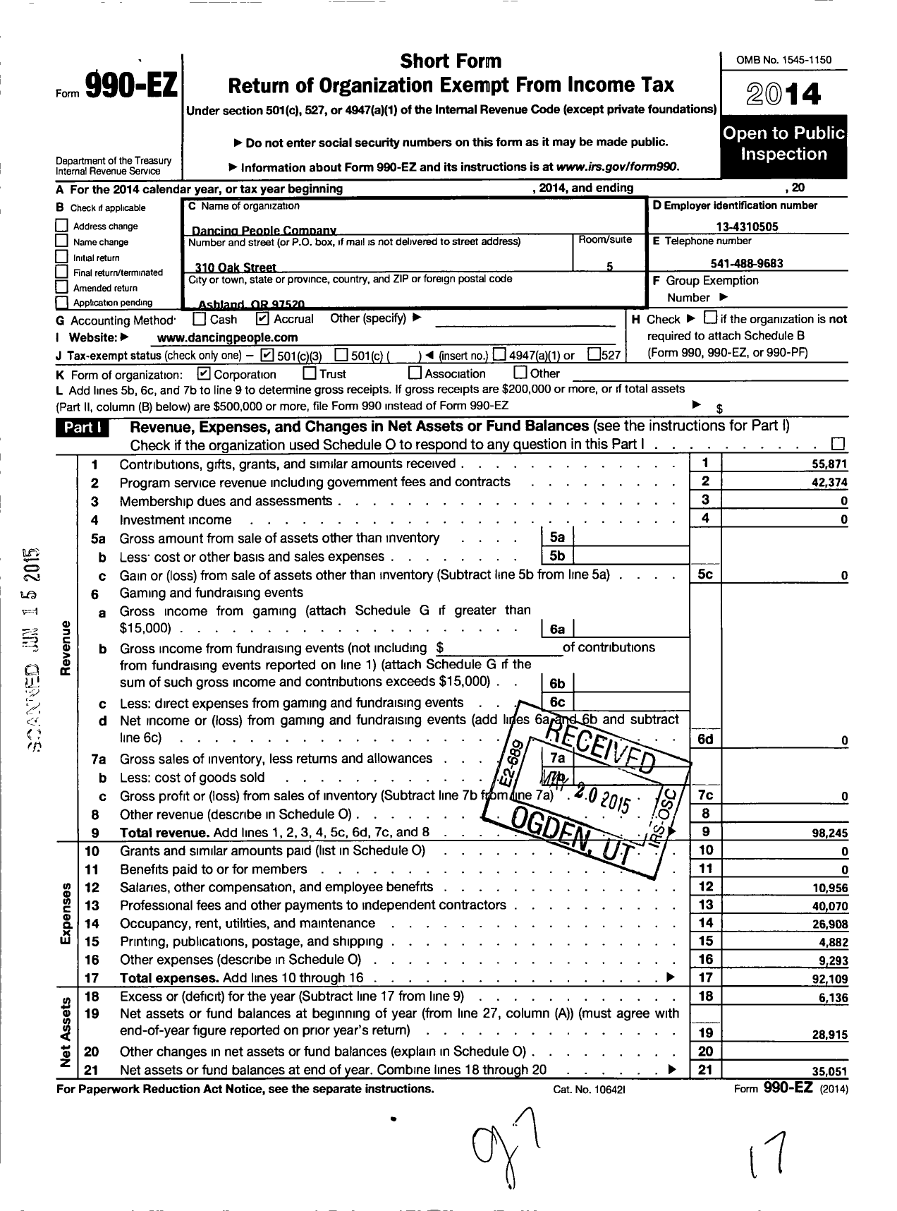 Image of first page of 2014 Form 990EZ for Dancing People Company