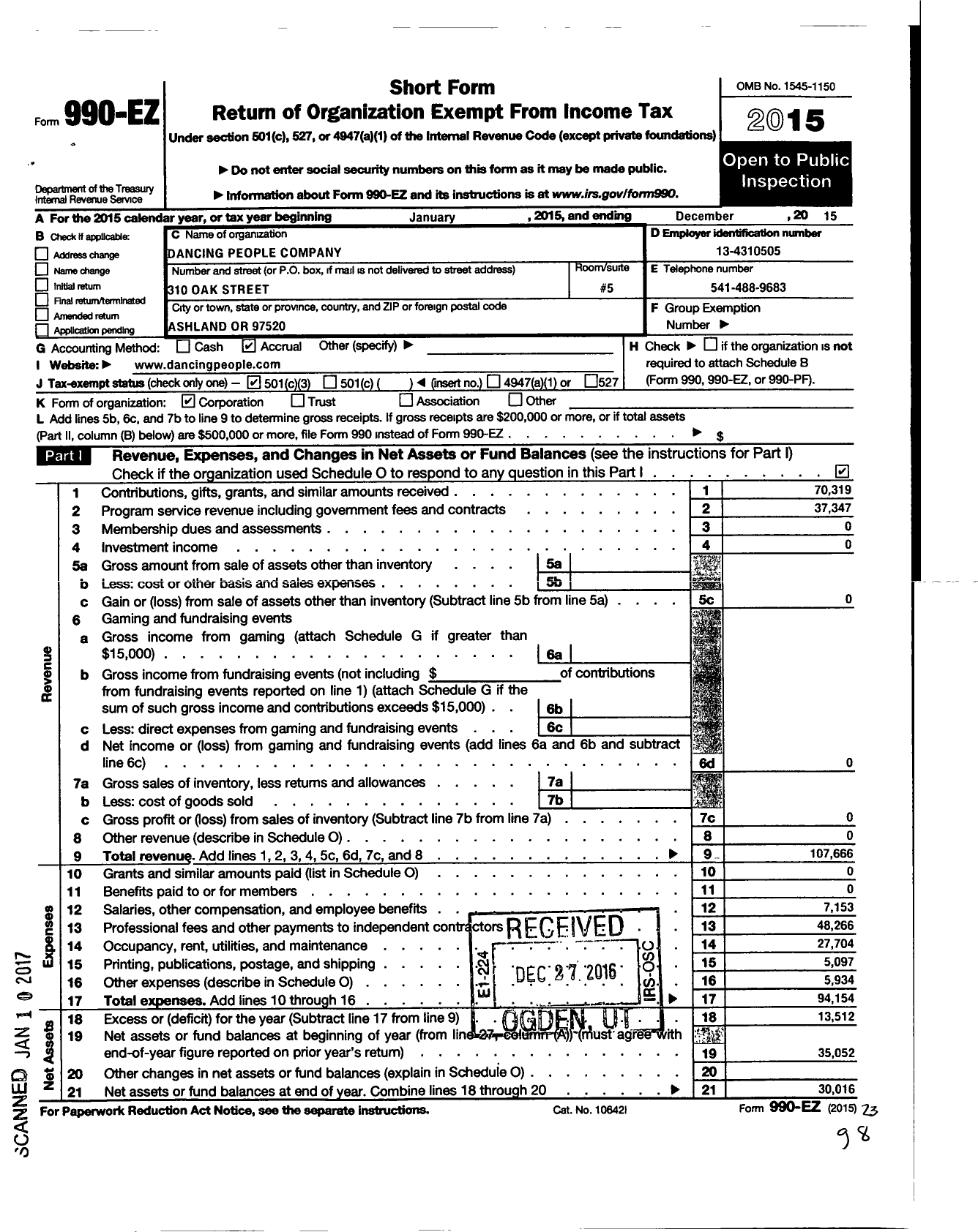 Image of first page of 2015 Form 990EZ for Dancing People Company