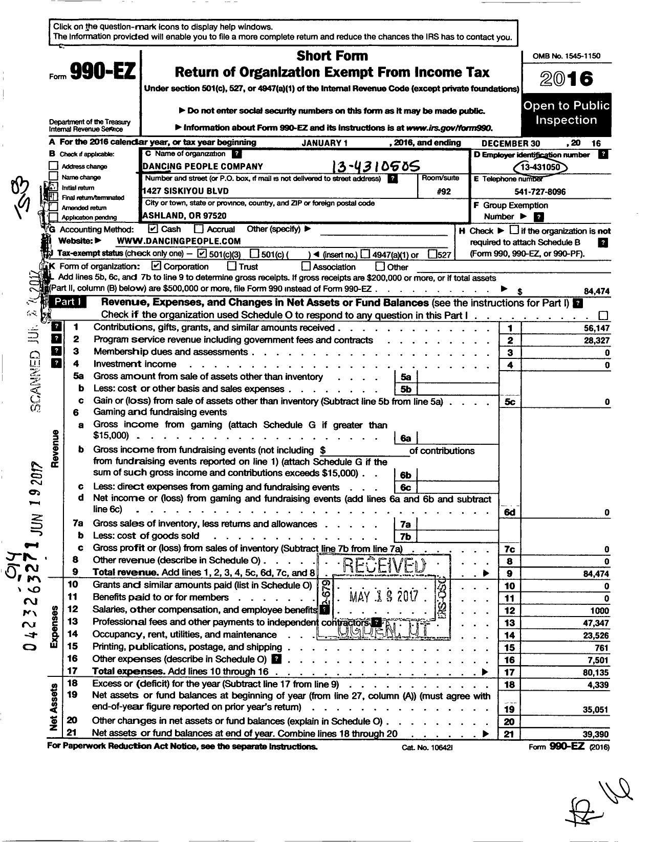 Image of first page of 2016 Form 990EZ for Dancing People Company