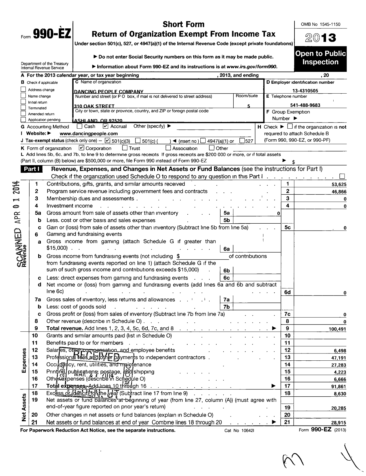 Image of first page of 2013 Form 990EZ for Dancing People Company