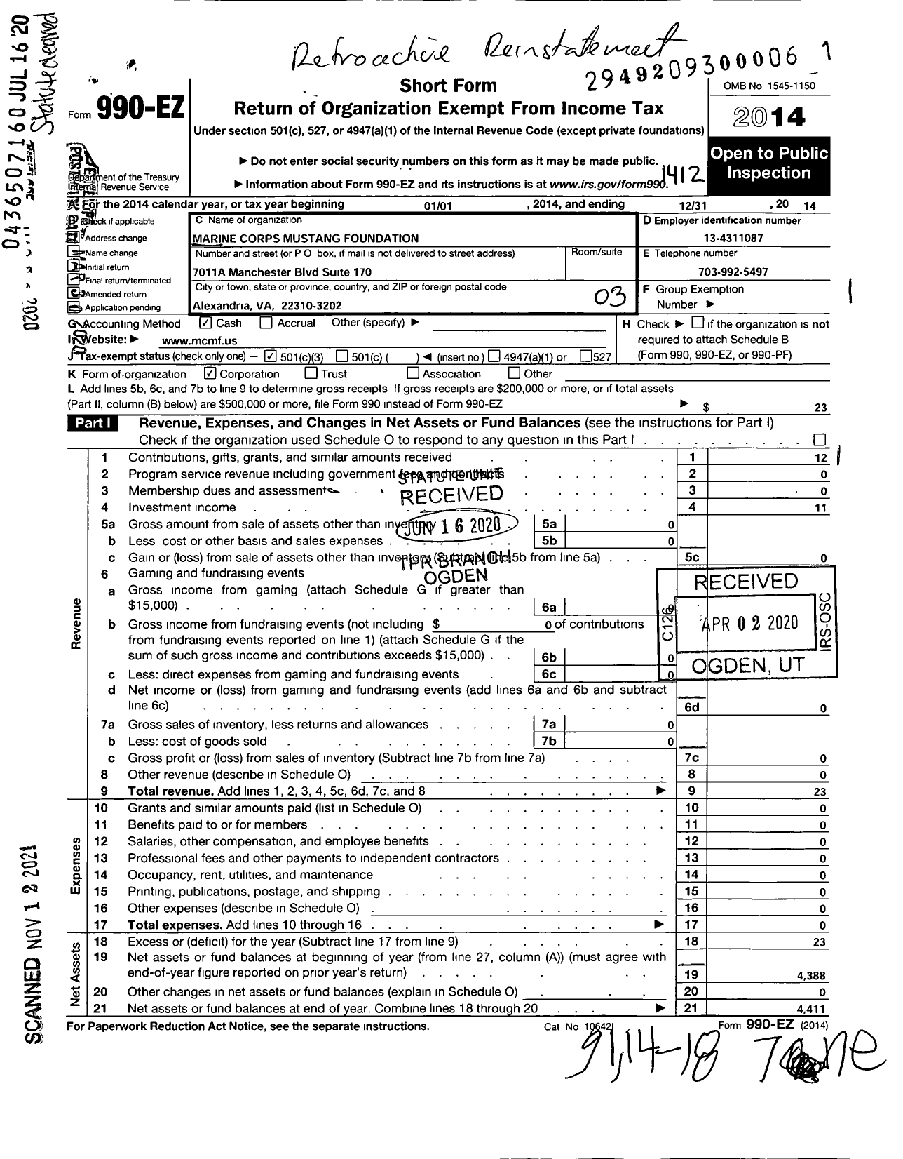 Image of first page of 2014 Form 990EZ for Marine Corps Mustang Foundation