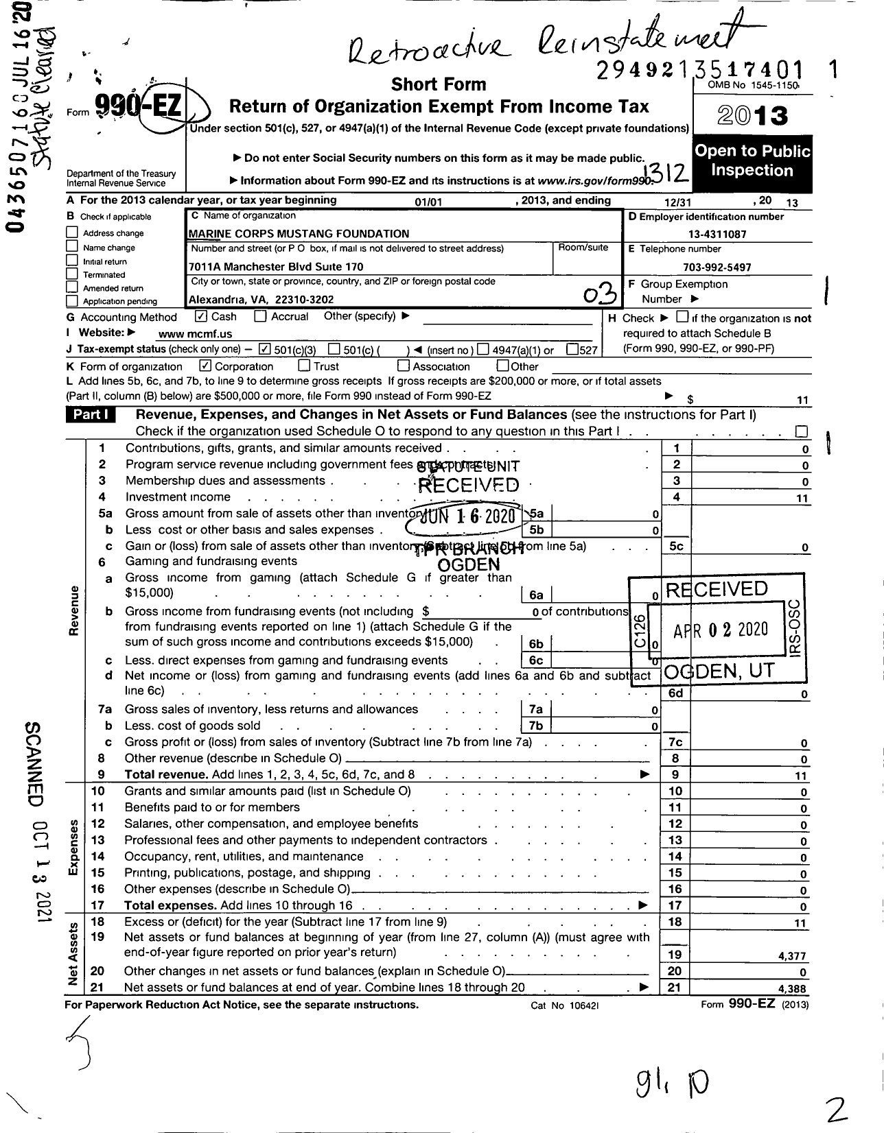 Image of first page of 2013 Form 990EZ for Marine Corps Mustang Foundation