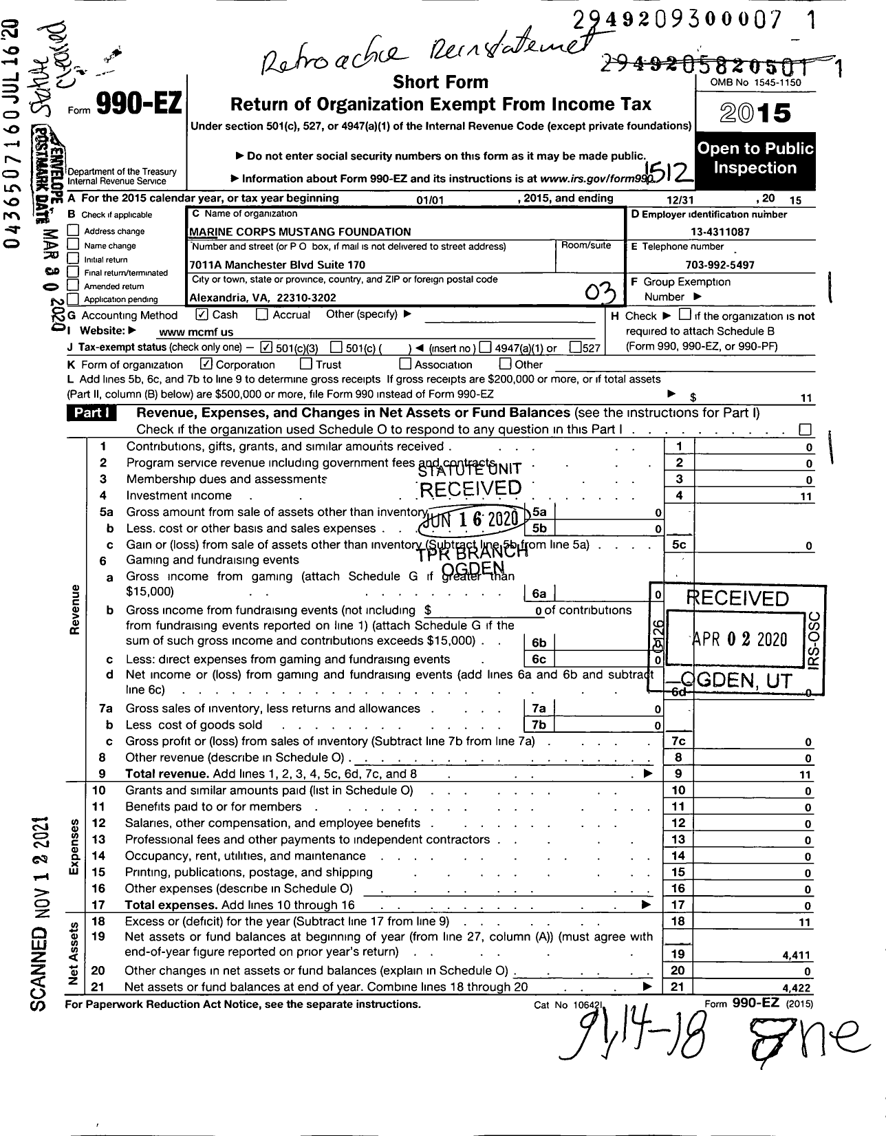 Image of first page of 2015 Form 990EZ for Marine Corps Mustang Foundation