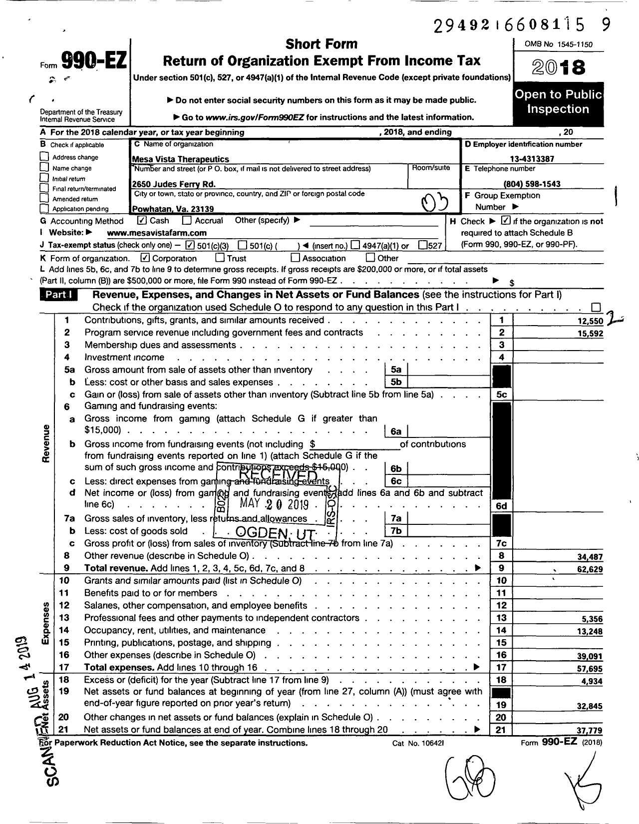 Image of first page of 2018 Form 990EZ for Mesa Vista Therapeutics