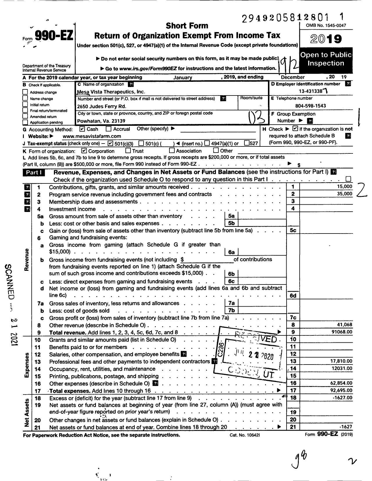 Image of first page of 2019 Form 990EZ for Mesa Vista Therapeutics