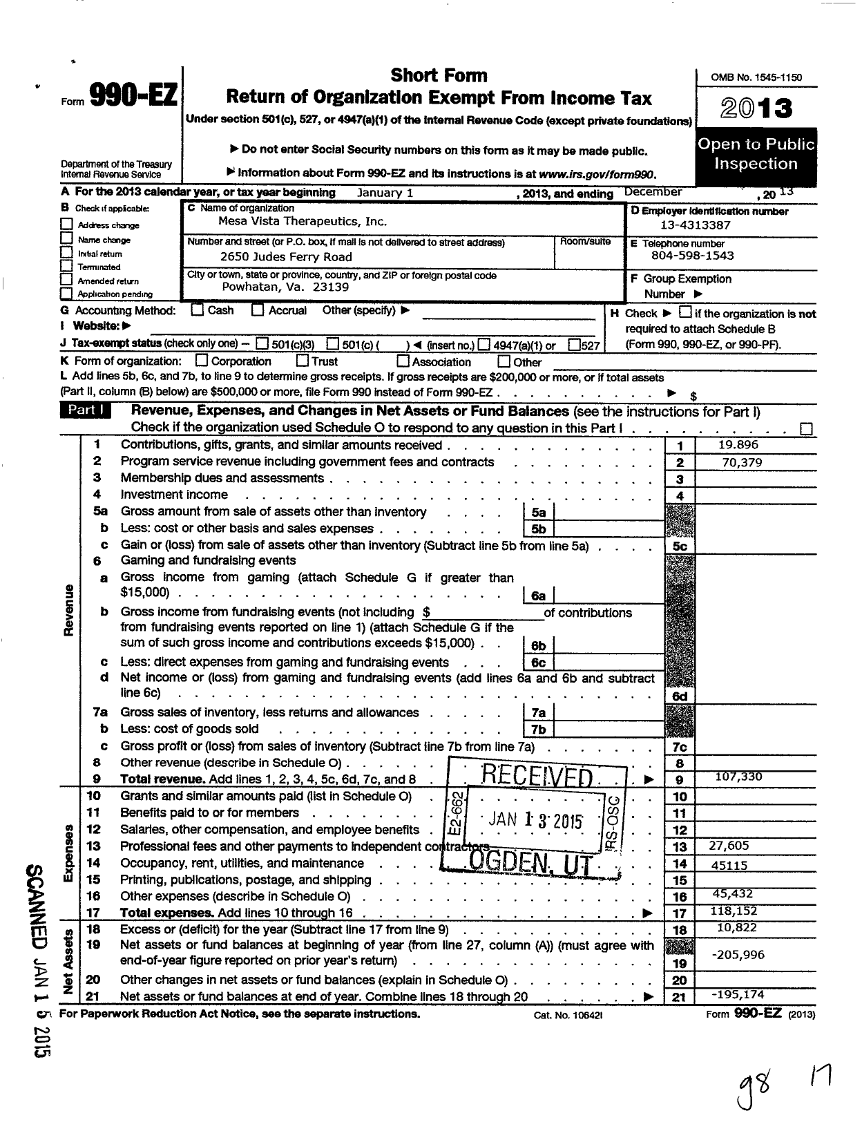 Image of first page of 2013 Form 990EO for Mesa Vista Therapeutics