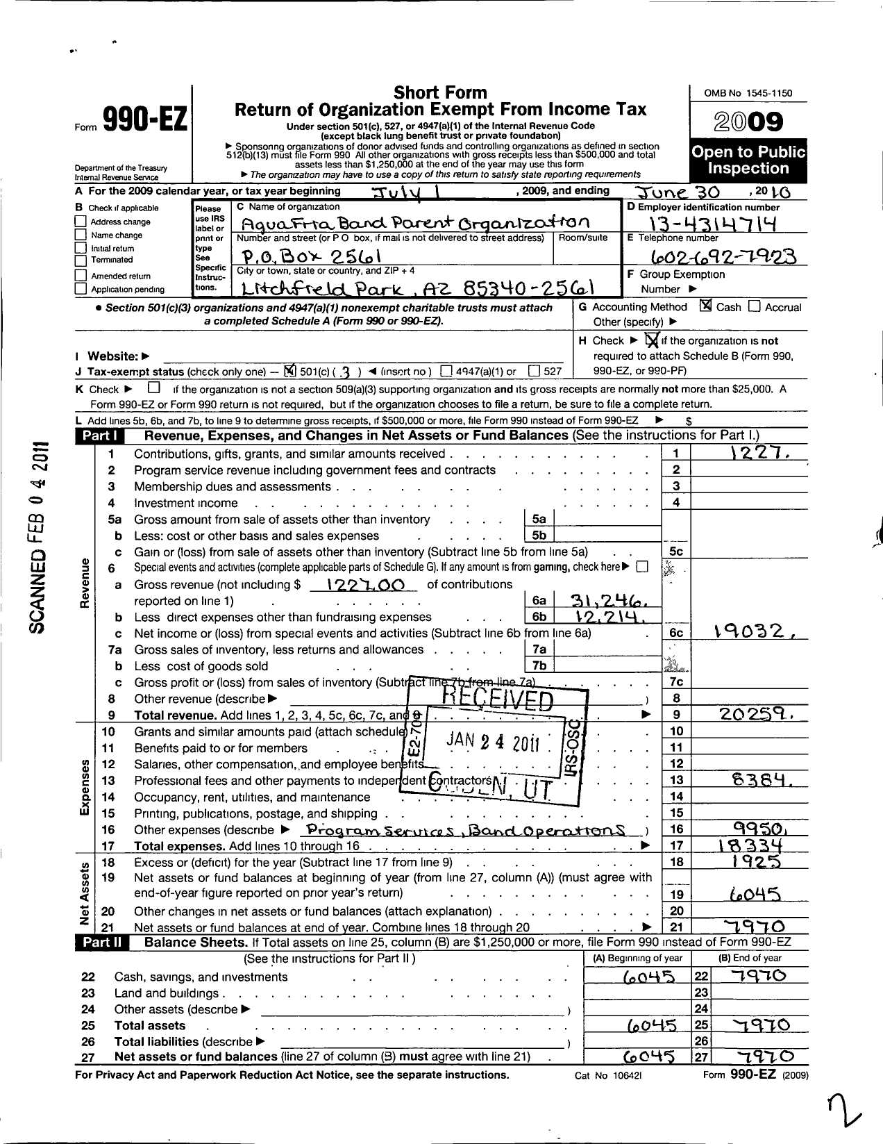 Image of first page of 2009 Form 990EZ for Agua Fria Band Parent Organization