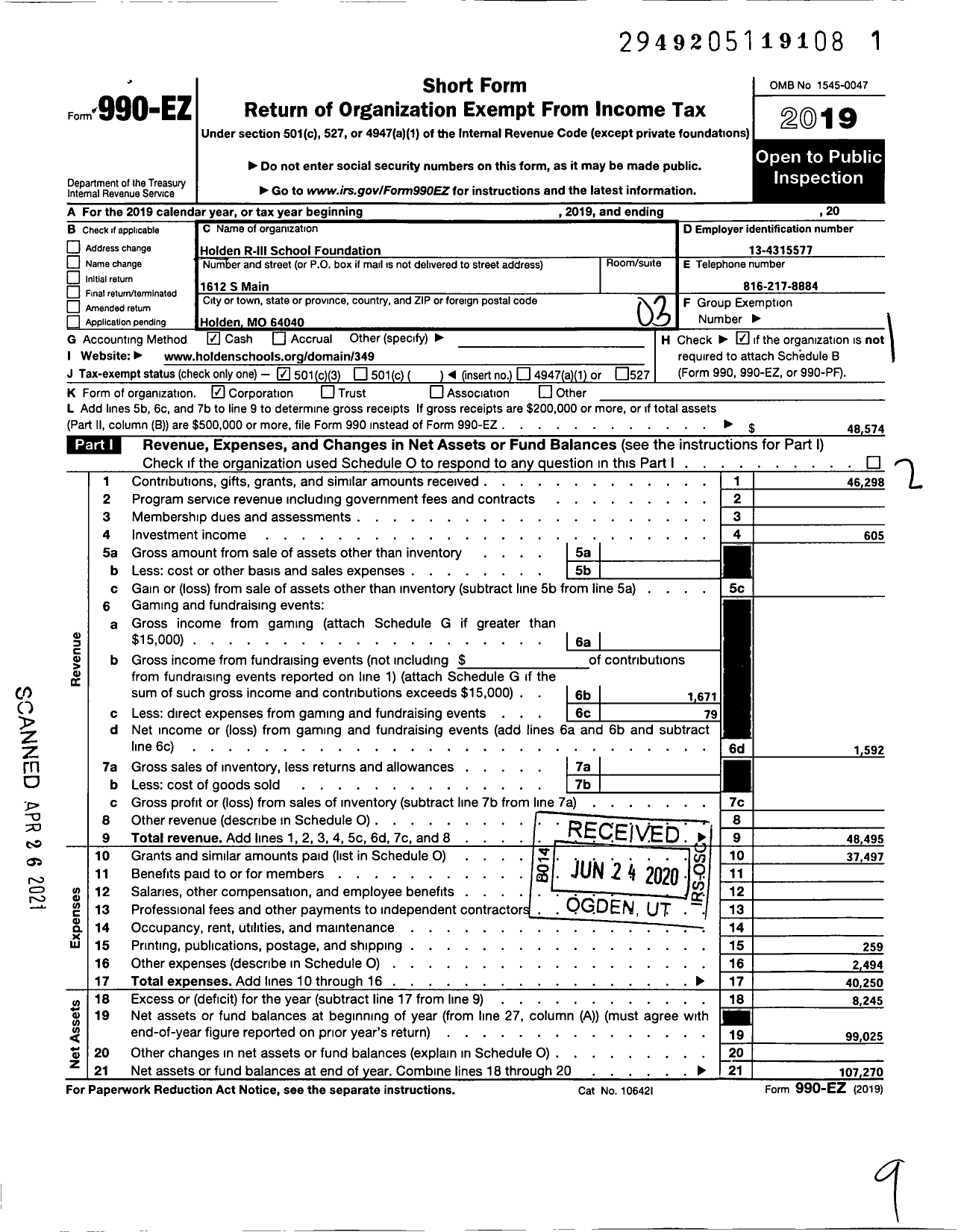 Image of first page of 2019 Form 990EZ for Holden R-Iii School Foundation