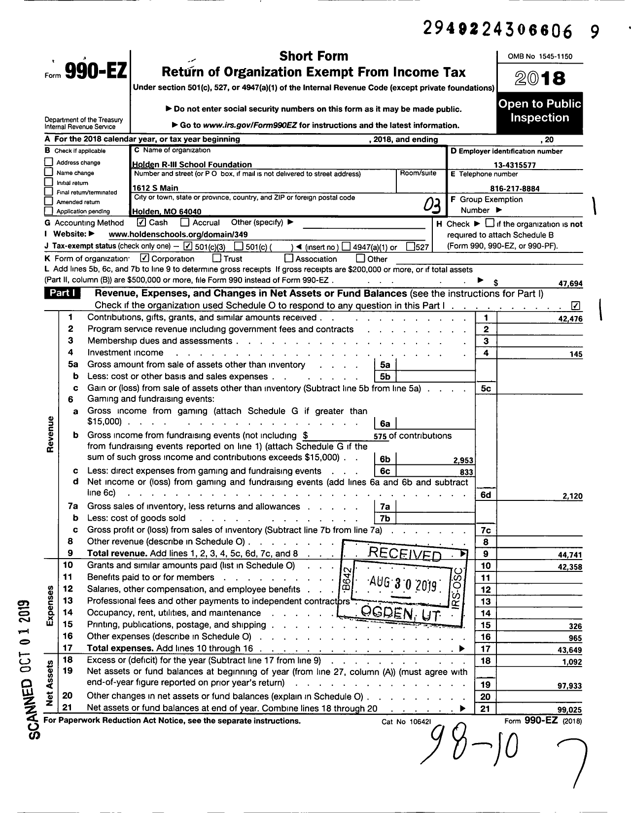 Image of first page of 2018 Form 990EZ for Holden R-Iii School Foundation