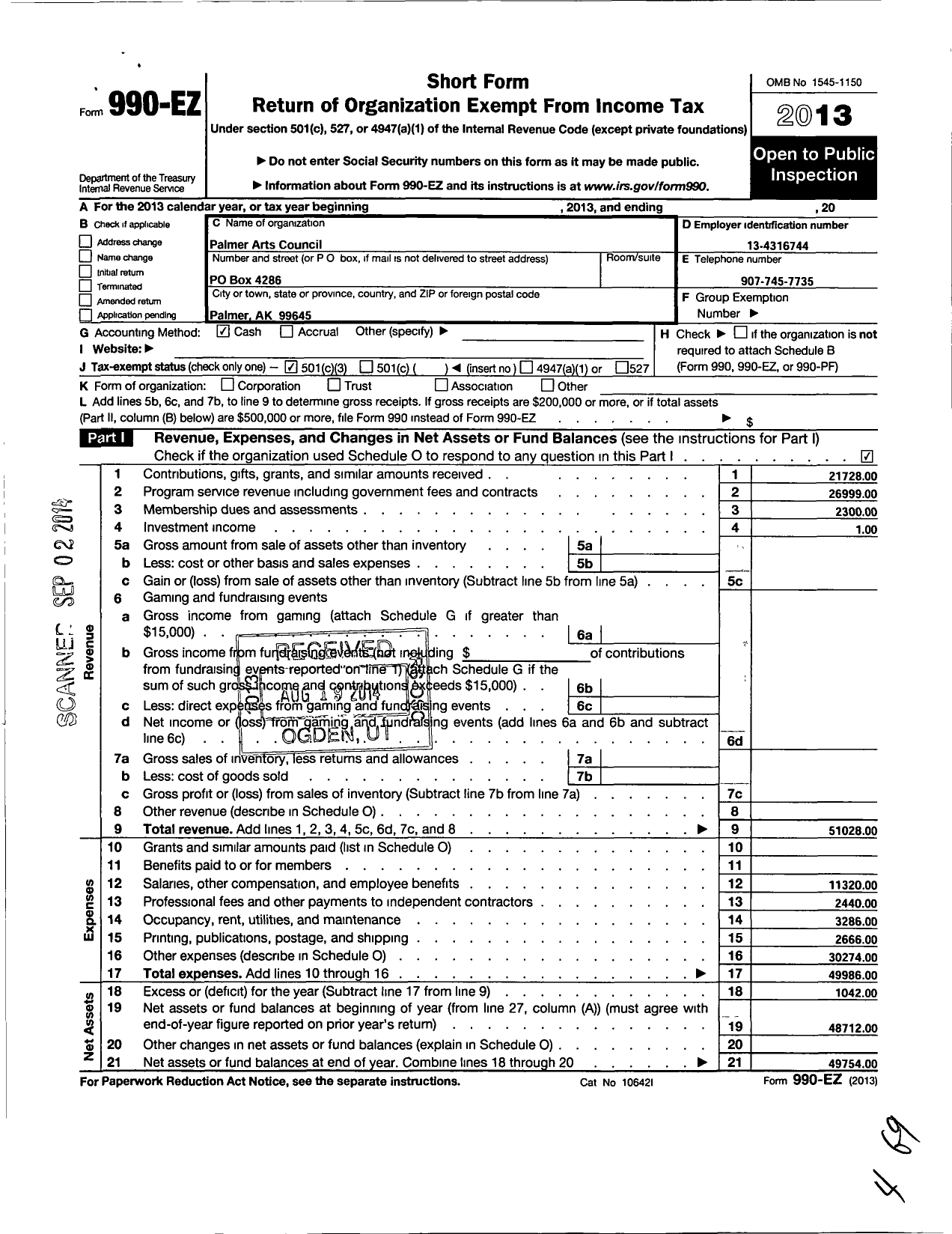 Image of first page of 2013 Form 990EZ for Palmer Arts Council