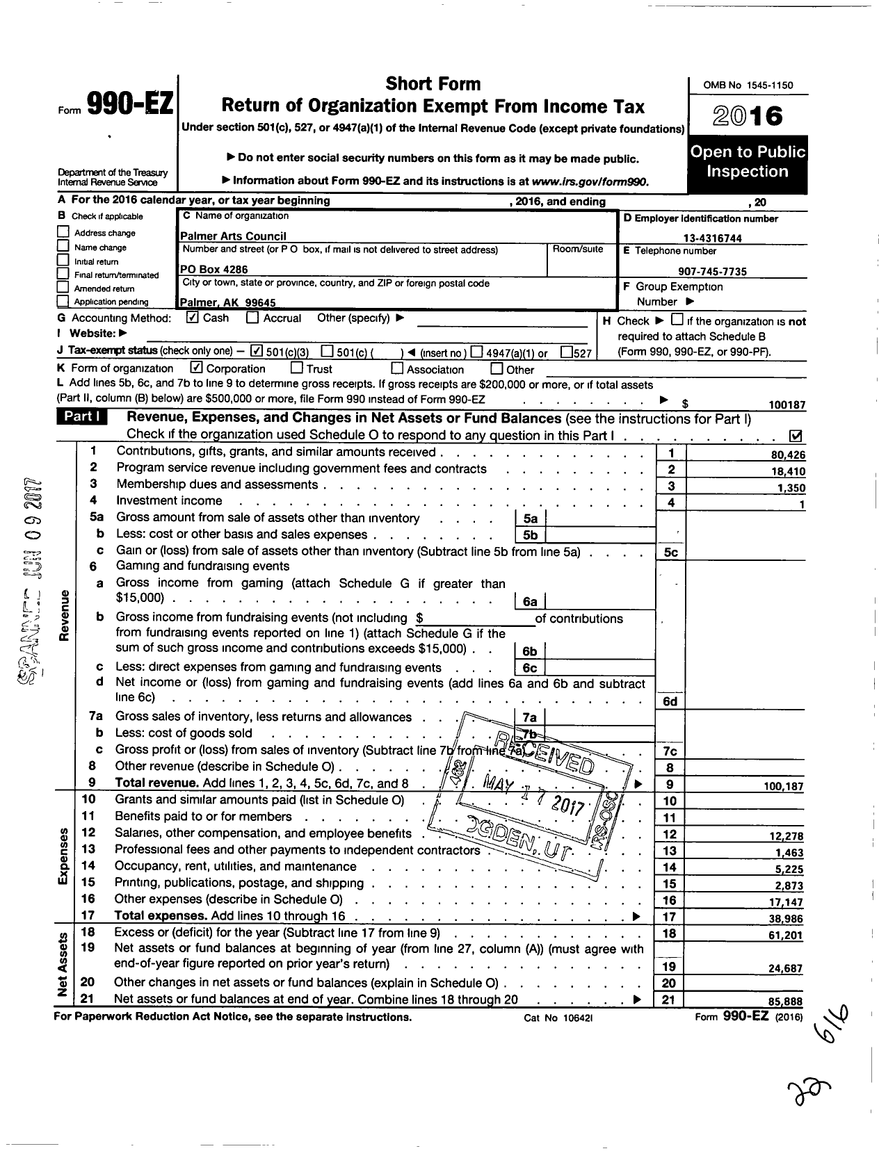 Image of first page of 2016 Form 990EZ for Palmer Arts Council