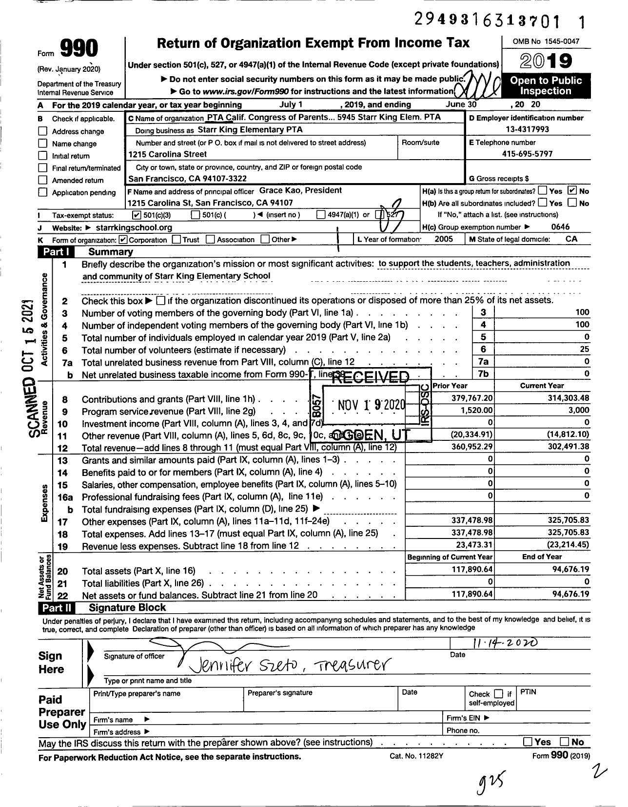 Image of first page of 2019 Form 990 for California State PTA - 5945 Starr King Elementary PTA