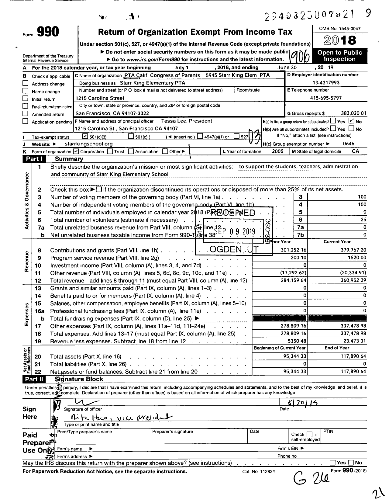 Image of first page of 2018 Form 990 for California State PTA - 5945 Starr King Elementary PTA