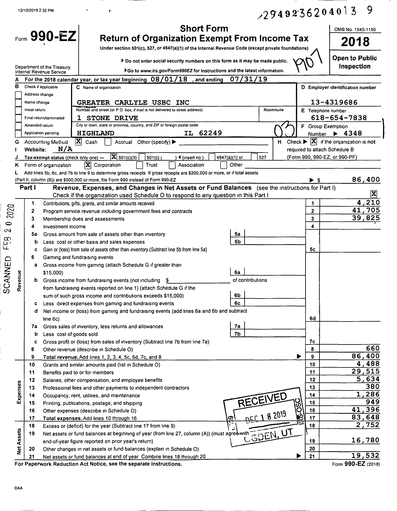 Image of first page of 2018 Form 990EZ for United States Bowling Congress - 86694 GR Carlyle Usbc