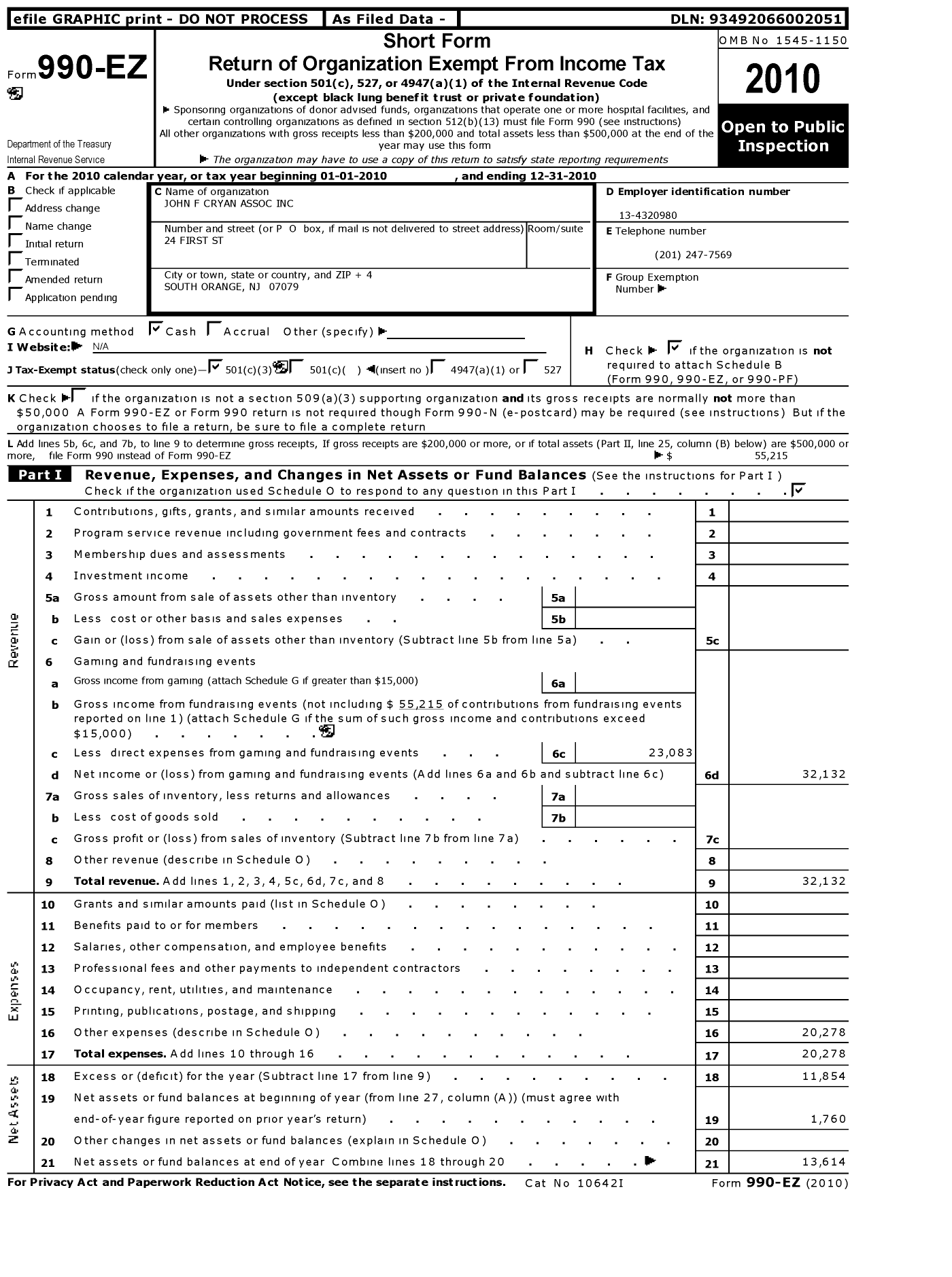 Image of first page of 2010 Form 990EZ for John F Cryan Association