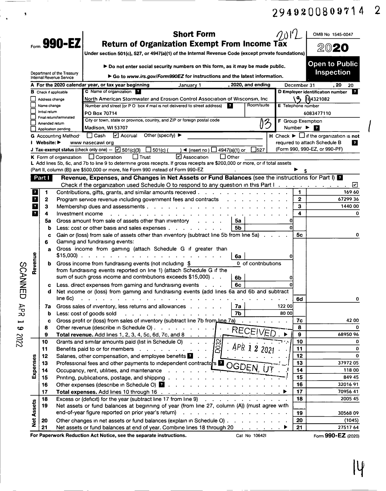 Image of first page of 2020 Form 990EZ for North American Stormwater and Erosion Control Association of Wisconsin