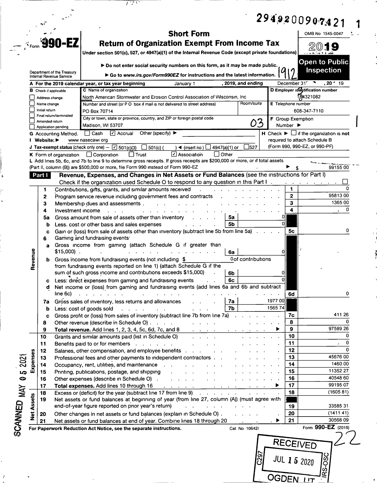 Image of first page of 2019 Form 990EZ for North American Stormwater and Erosion Control Association of Wisconsin