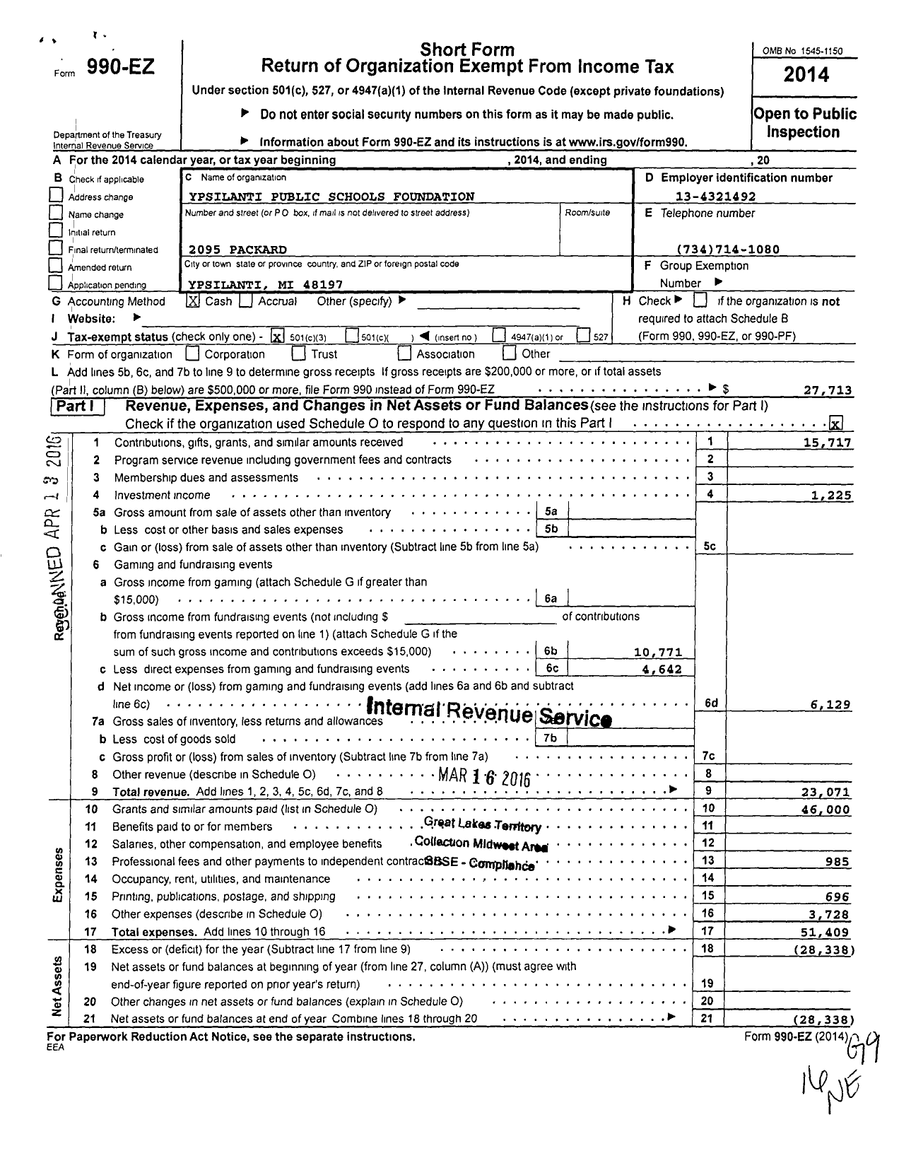 Image of first page of 2014 Form 990EZ for YPSILANTI Community Schools Foundation