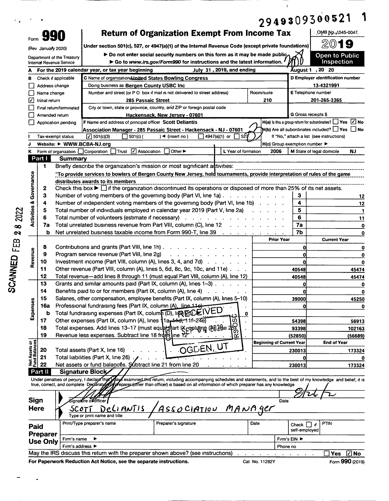 Image of first page of 2019 Form 990 for United States Bowling Congress - Bergen County Usbc