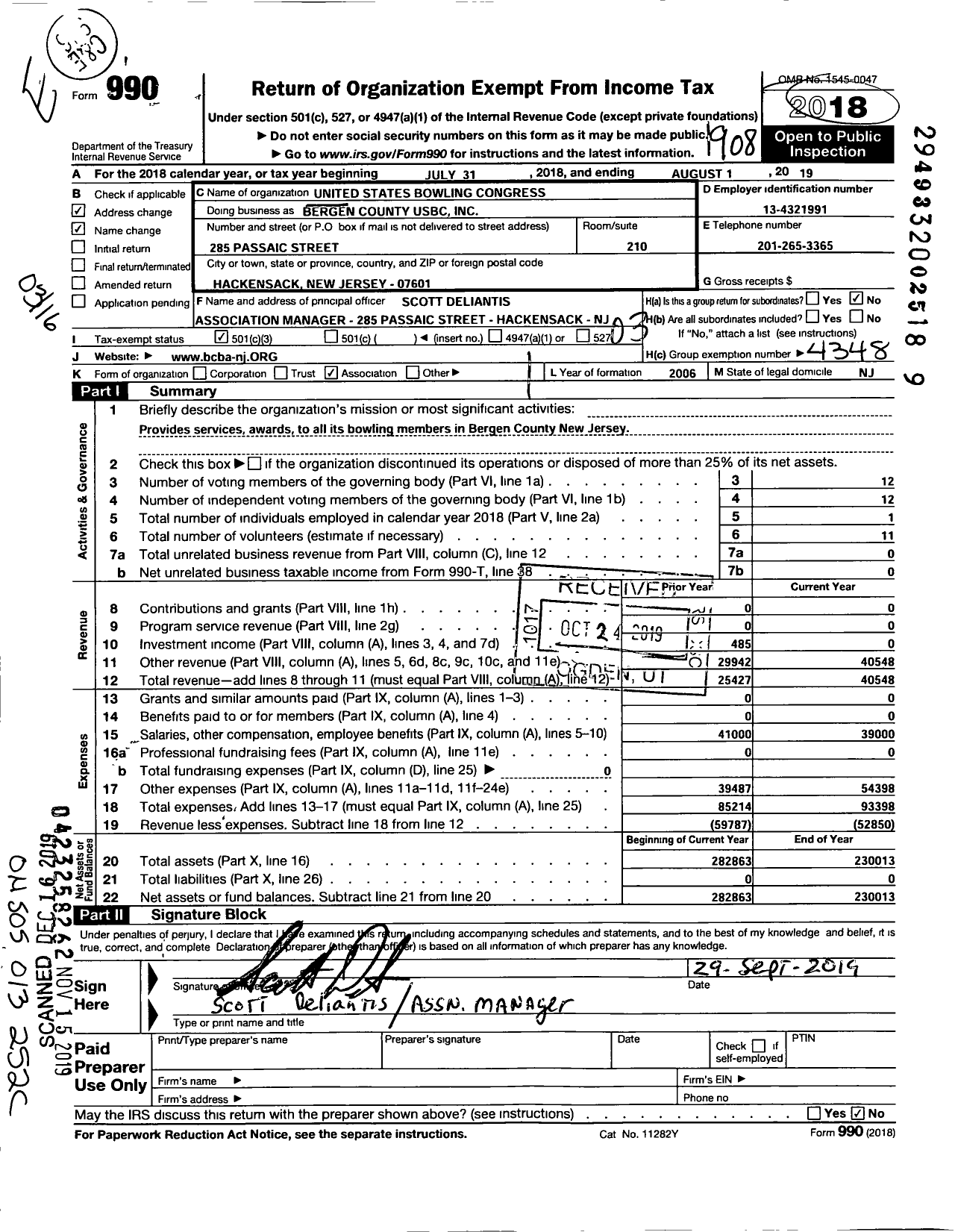 Image of first page of 2018 Form 990 for United States Bowling Congress - Bergen County Usbc