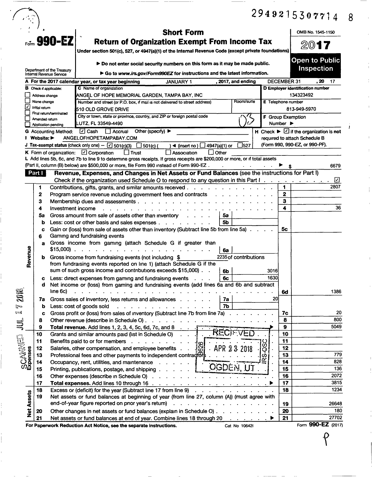 Image of first page of 2017 Form 990EZ for Angel of Hope Memorial Garden Tampa Bay