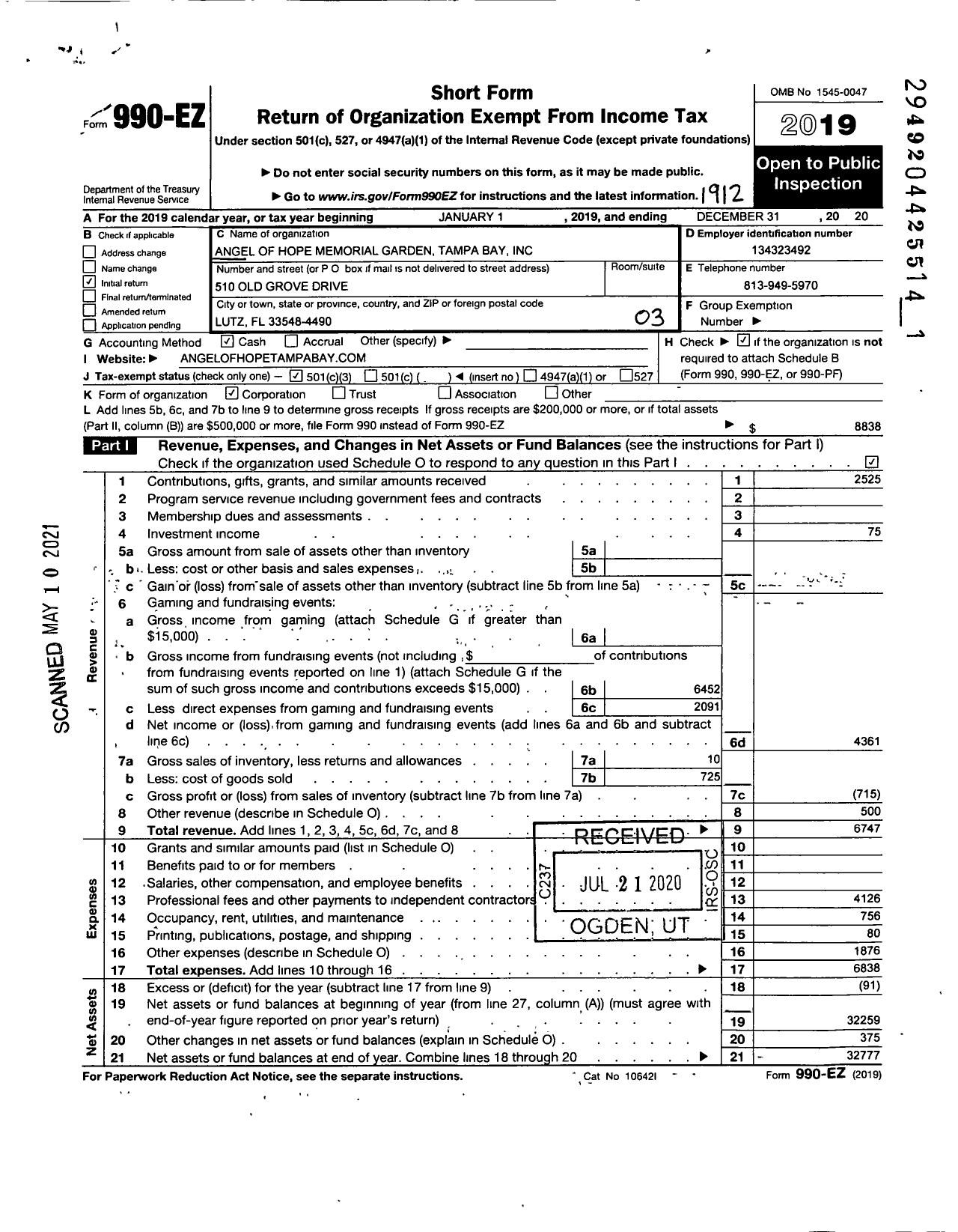 Image of first page of 2019 Form 990EZ for Angel of Hope Memorial Garden Tampa Bay