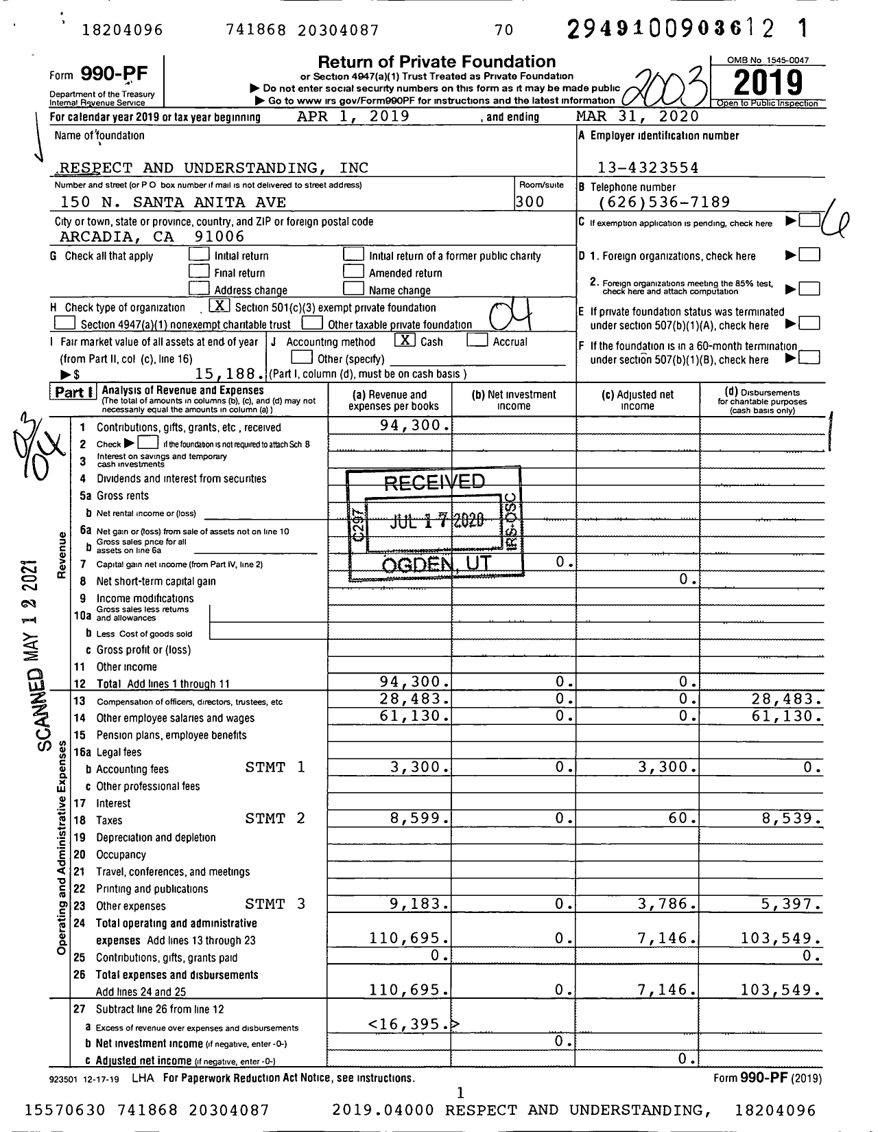 Image of first page of 2019 Form 990PF for Respect and Understanding