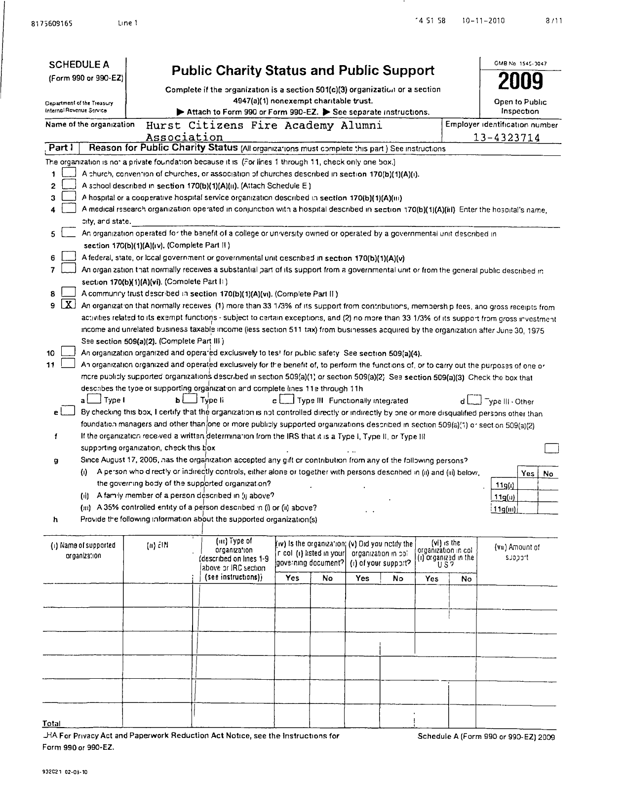 Image of first page of 2009 Form 990ER for Hurst Citizen Fire Academy Alumni Association