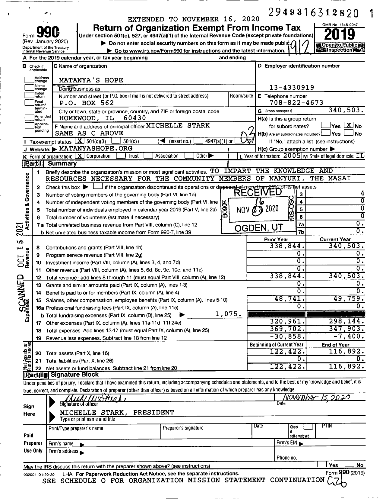 Image of first page of 2019 Form 990 for Matanya's Hope