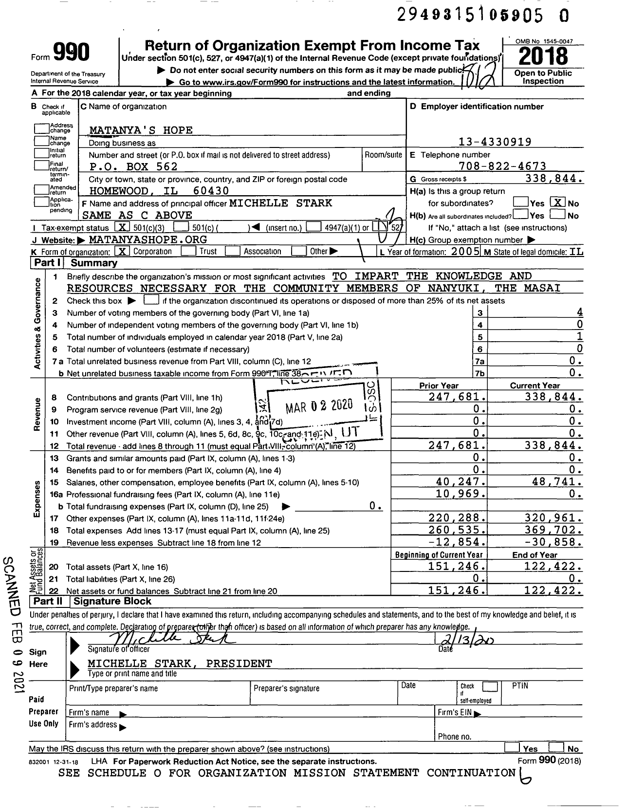 Image of first page of 2018 Form 990 for Matanya's Hope