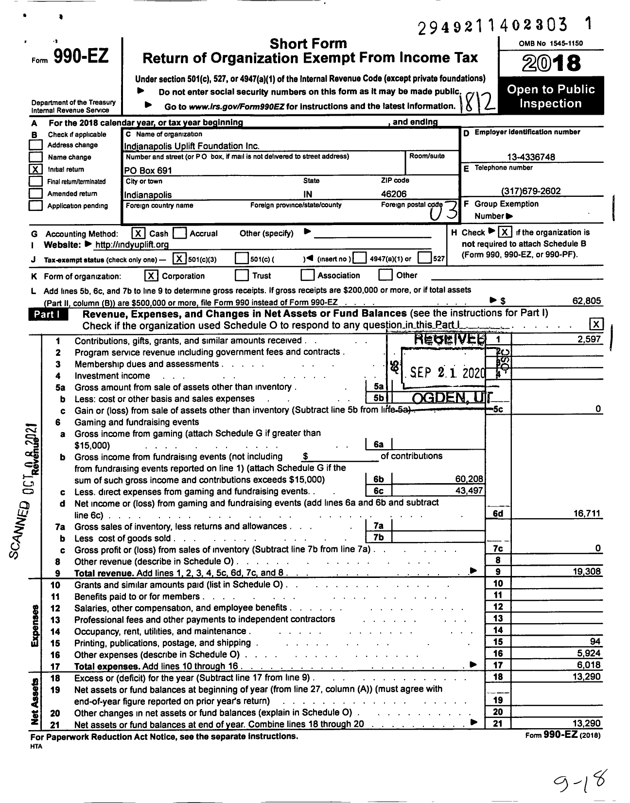 Image of first page of 2018 Form 990EZ for Indianapolis Uplift Foundation