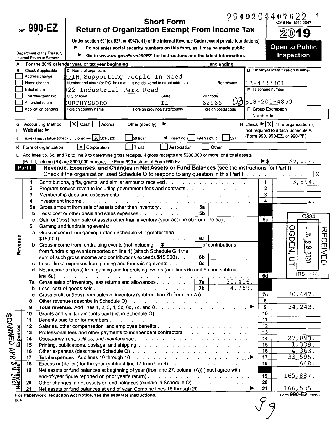 Image of first page of 2019 Form 990EZ for SPIN People In Need