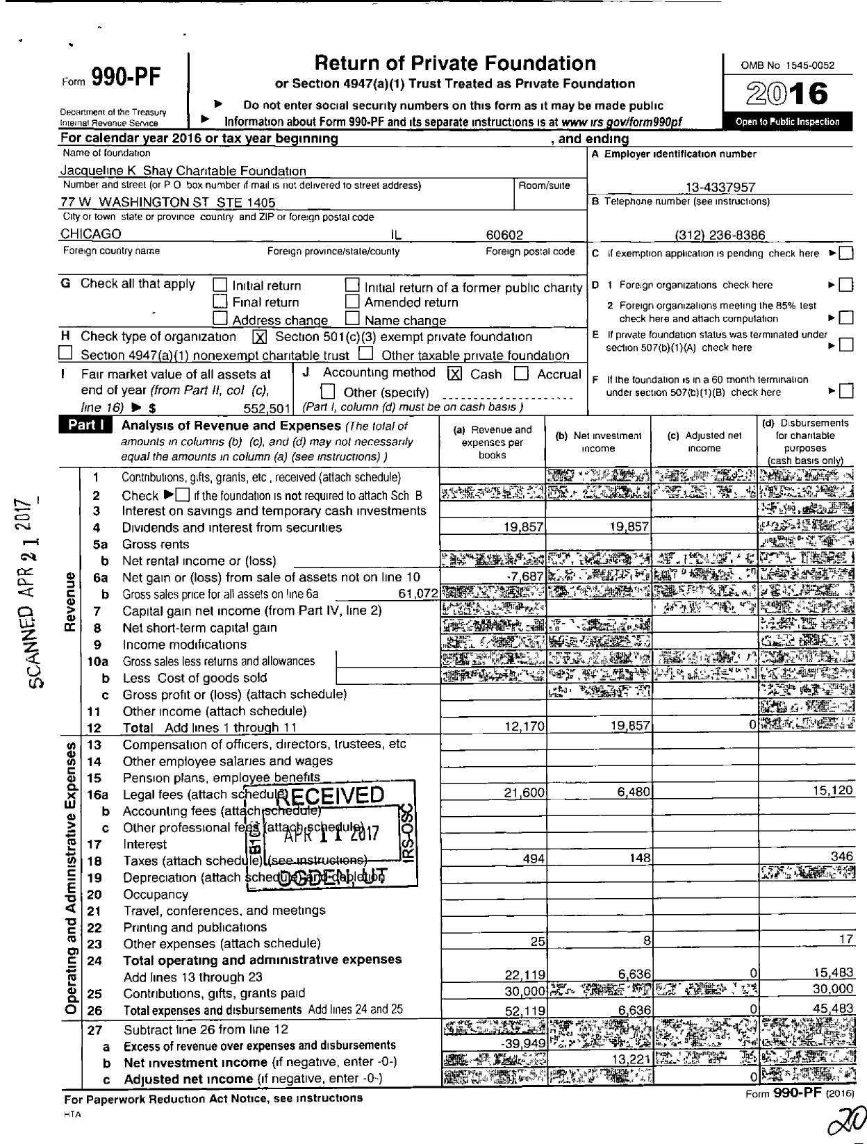Image of first page of 2016 Form 990PF for Jacqueline K Shay Charitable Foundation