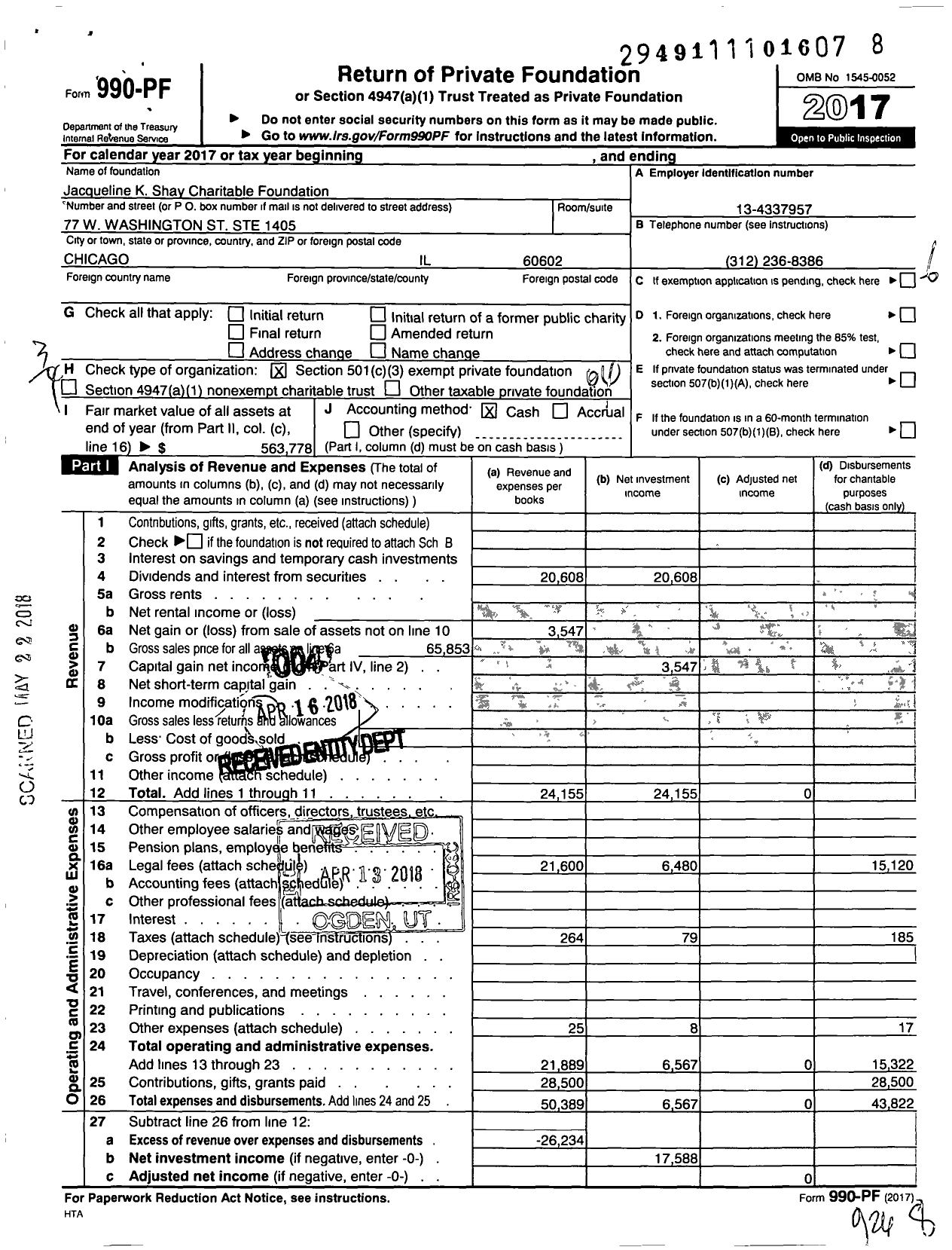 Image of first page of 2017 Form 990PF for Jacqueline K Shay Charitable Foundation